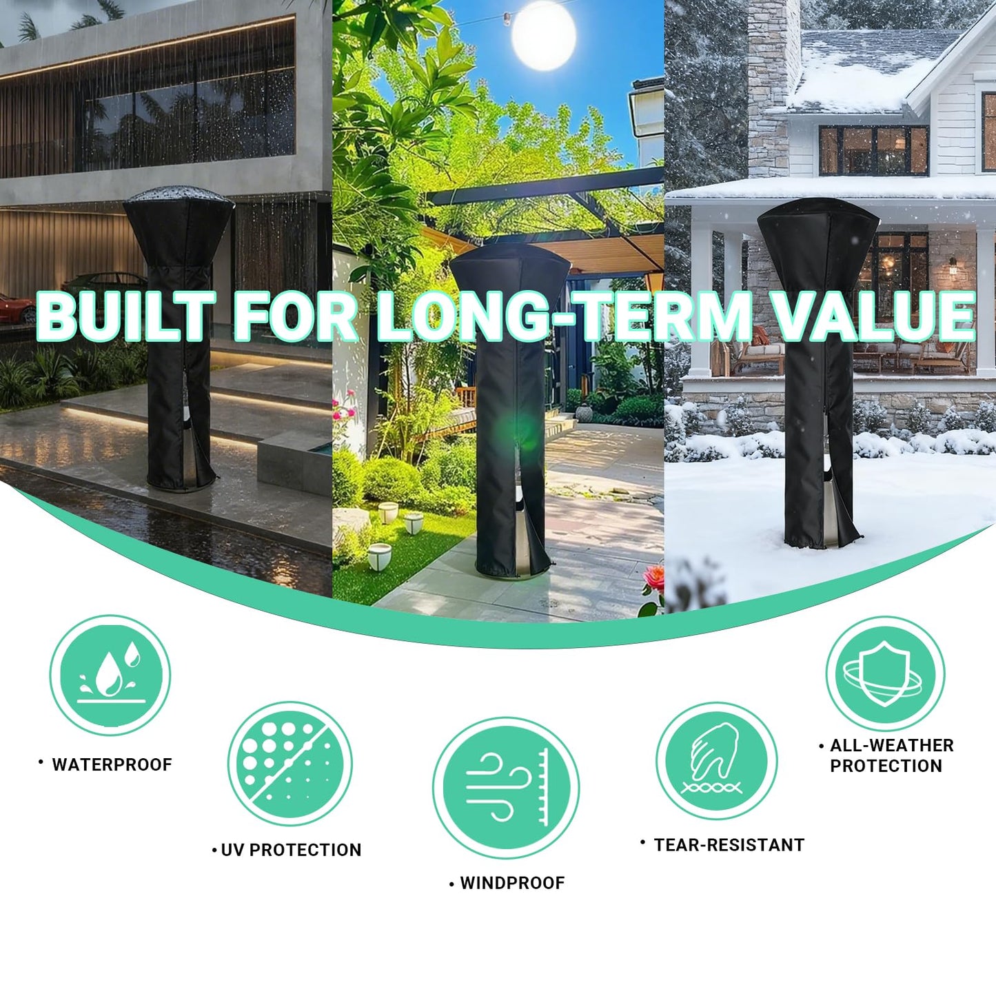 NCEDN Waterproof Patio Heater Cover - Upgraded 600D Oxford with PU Coating, Waterproof Zipper, Taped Seams, Drawstring Hem, Fits Outdoor Heaters for Patios, 89” Height 33” Dome 19” Base