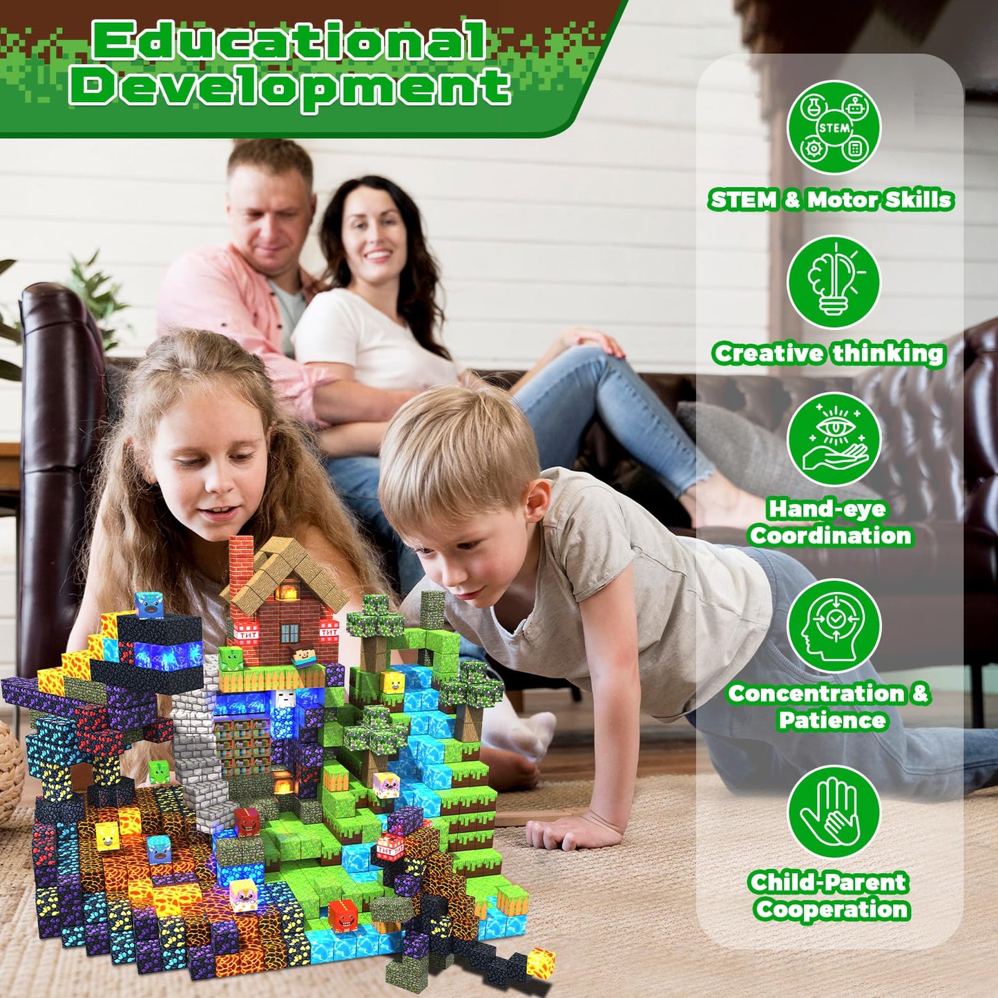 GraceDuck Magnetic Blocks with LED Light 150 PCS Build Dinosaur Volcano Forest Castle, Magnetic Building Blocks Stacking Cubes Sensory Toys for Kids Gifts for 3 4 5 6 7 8 9 10 12 Year Old Boys Girls