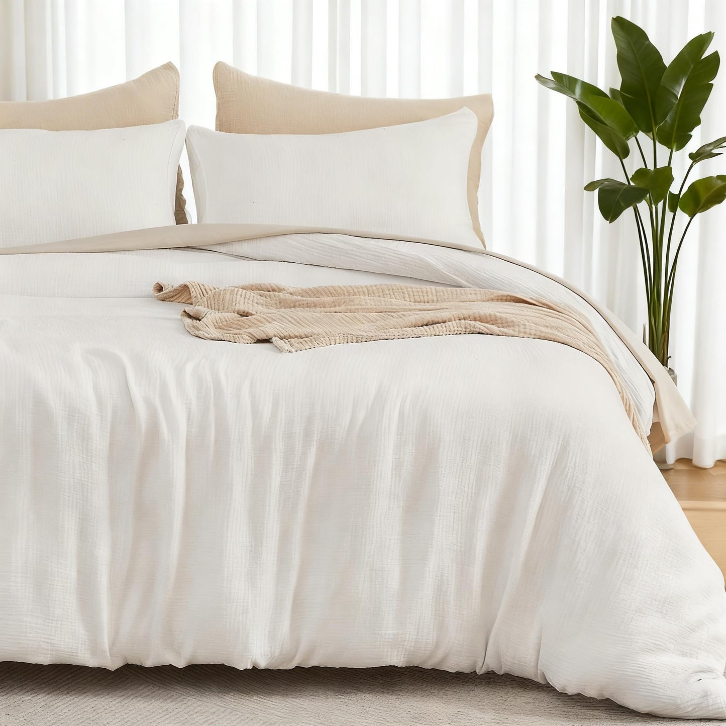 EMME Muslin Cotton Duvet Cover Set Cream White King Size Linen Like Soft Breathable Lightweight Summer Comforter Cover Set with Zipper Closure (Cream White, King, 104"x90")