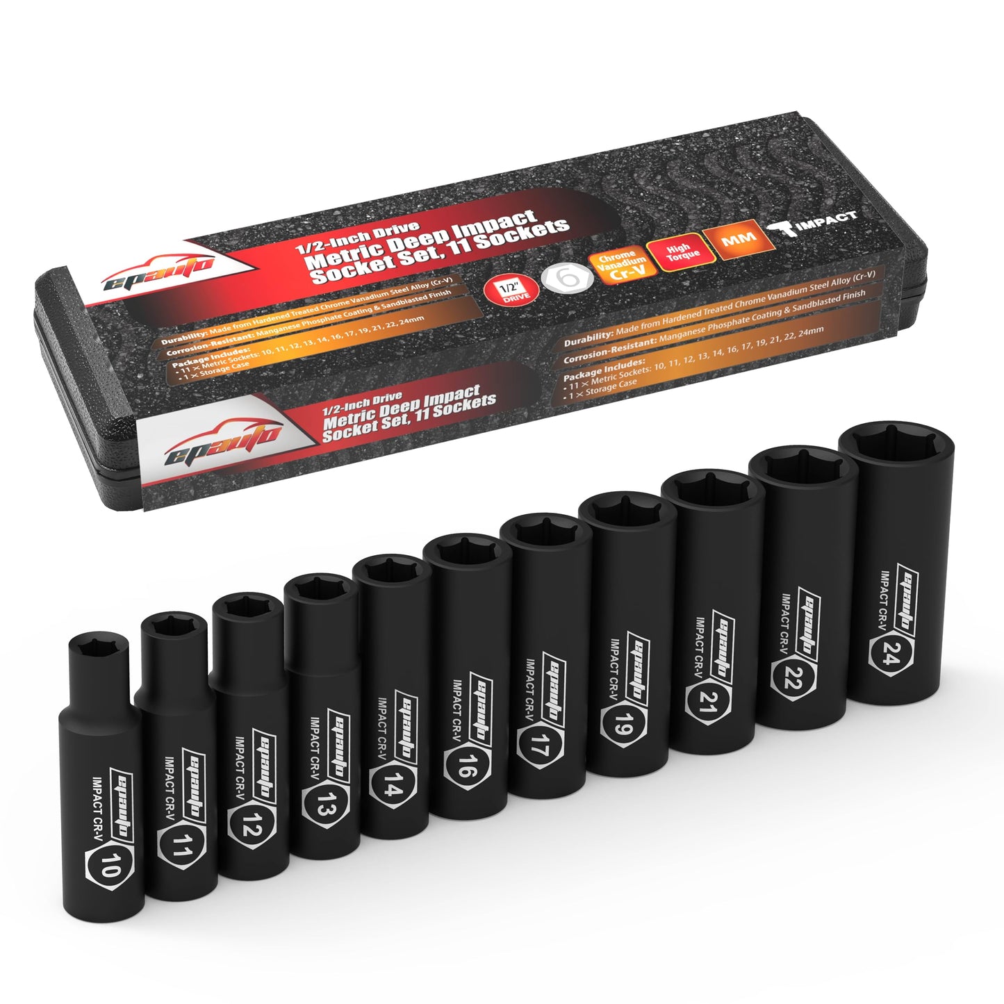 EPAuto 1/2-Inch Drive Metric Deep Impact Socket Set, Cr-V, 11 Sockets