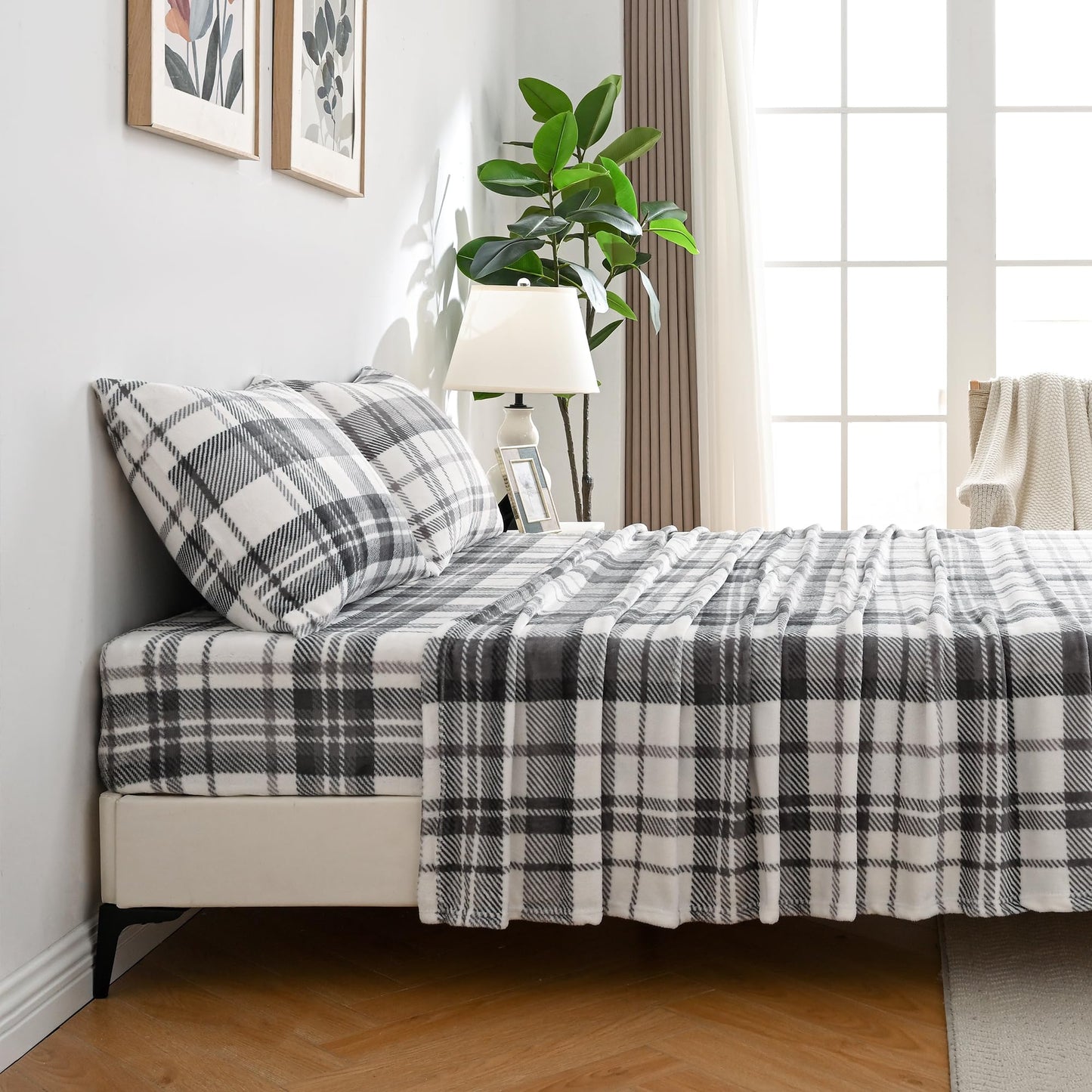 Softan Fleece Sheets Queen Size, Flannel Like Soft, Fuzzy Warm Plush Sheets, Velvet Polar Microfleece Bedding for Winter, Grey White Plaid