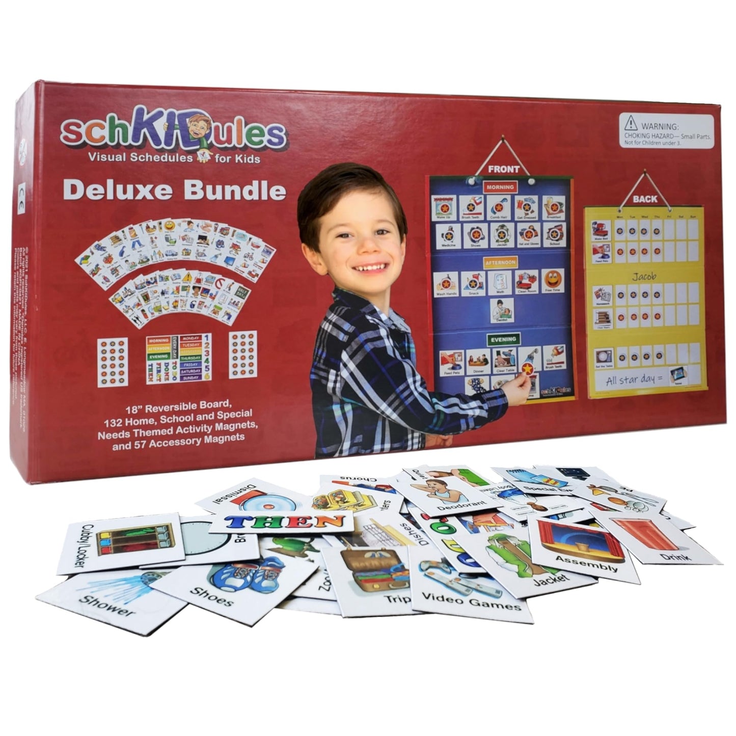 SchKIDules Visual Schedule for Kids Deluxe Bundle Daily Activity Chart / Weekly Progress Chart, 2-Sided Trifold Magnet Board & 189 Magnetic Picture Cards (for Preschool, Children, Toddlers, Autism)