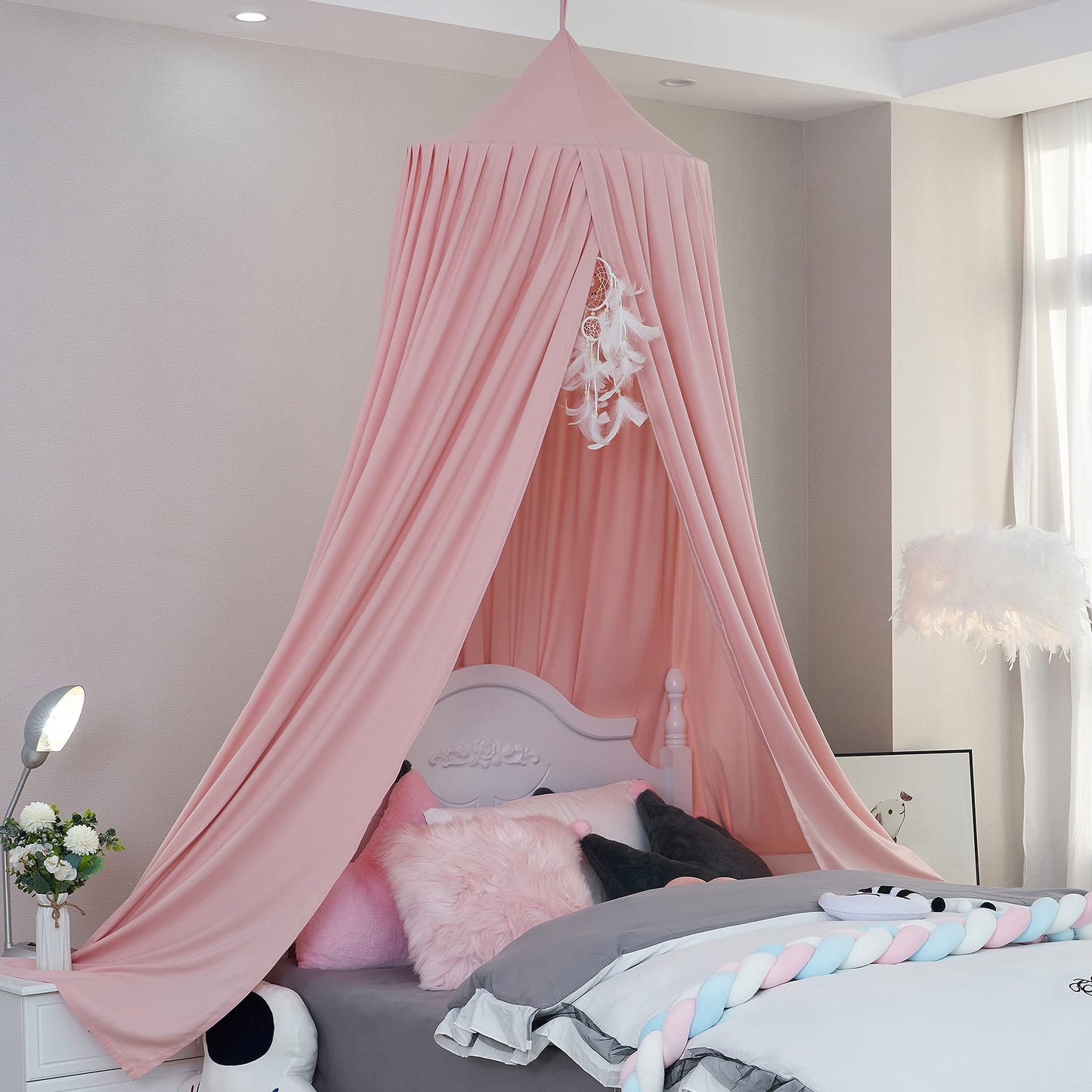 Extra Large Kids Bed Canopy for Girls Boys Bedroom Decor, Crib Nursery Hanging Light Blocking Reading Nook (Coral Pink)