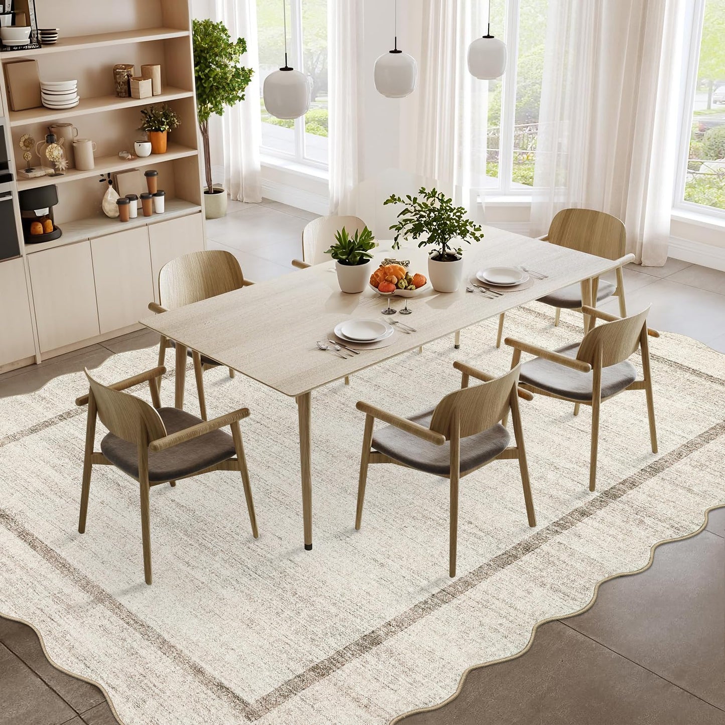 GarveeHome Scalloped Washable Rugs 5x7 Rug for Living Room Modern Non Slip Large Area Rug for Bedroom Decor Farmhouse Low Pile Stain Resistant Carpet for Office Dining Room Classroom 5 ft x7 ft Beige