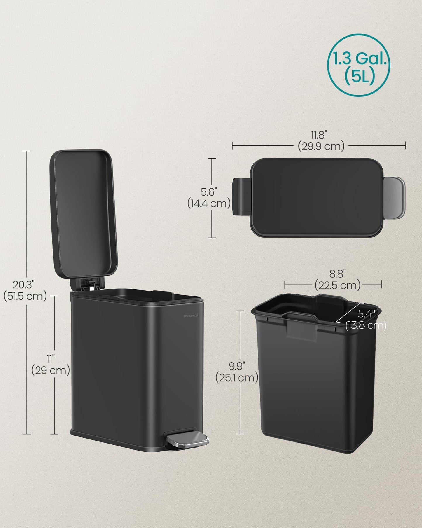 SONGMICS Bathroom Trash Can, Small Trash Bin with Lid, Slim for Small Spaces, Stainless Steel Garbage Can, Soft Close, 1.3 Gallon (5 L) Black ULTB560B05