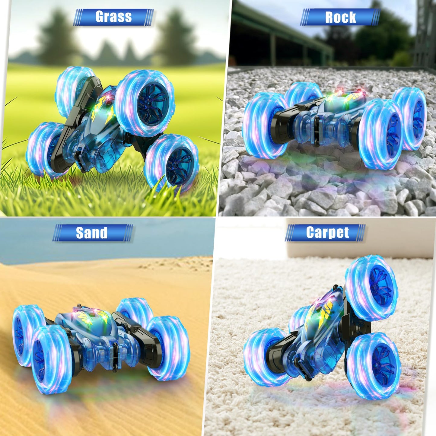 Remote Control Cars,Stunt RC Car Toy for Kids Ages 6-12,Fast USB-C Easy Charging,4WD Rechargeable RC Truck with Colorful Lights,2.4GHz Double-Sided 360° Rotating Birthday Gifts for Boys Girls(Blue)