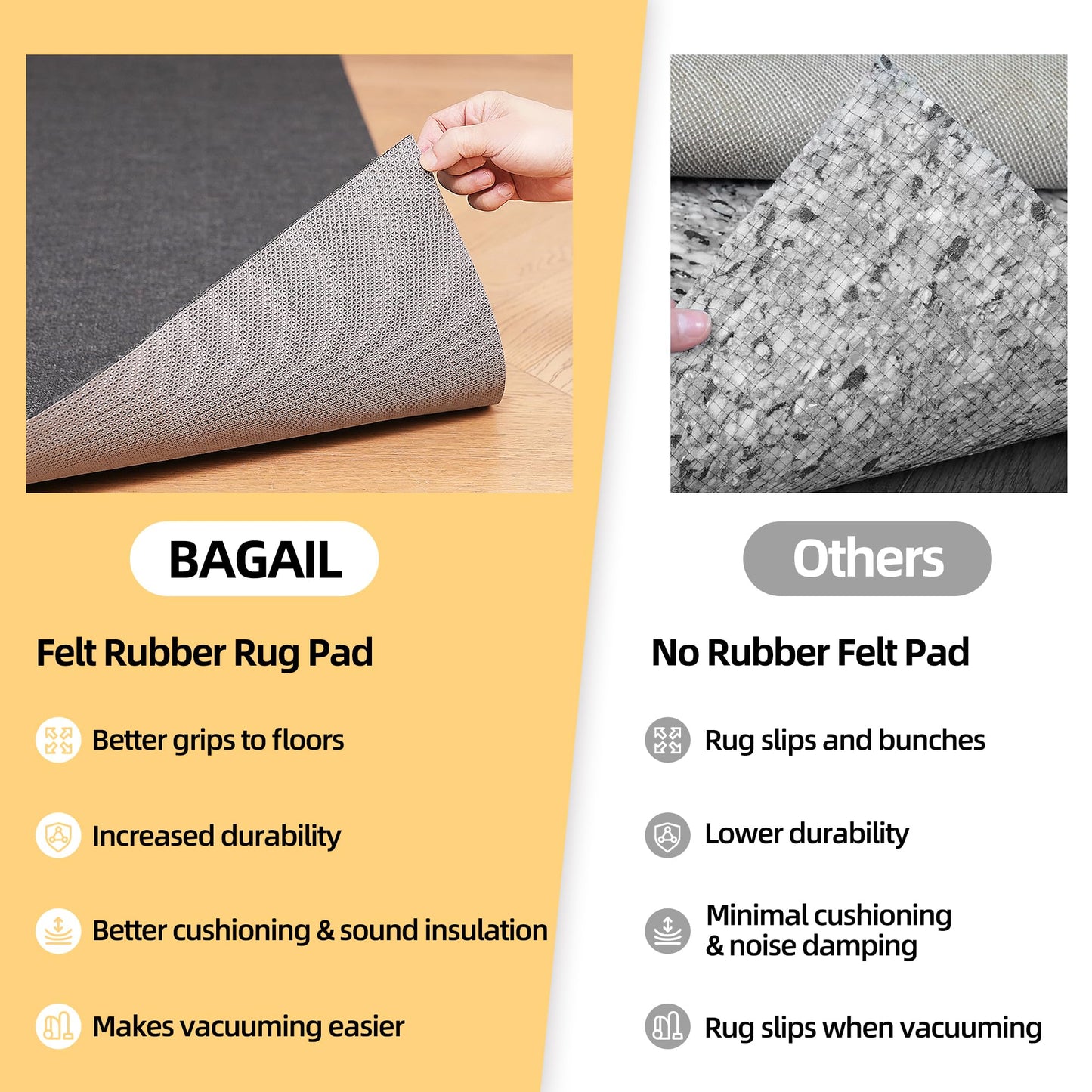 BAGAIL BASICS Felt and Natural Rubber Backing Rug Pads 1/4” Thick, 5 x 8 Ft Non Slip Carpet Gripper Keep Rugs in Place, Under Area Rug Cushioned Pads, Carpet Runners, Hardwood Floors Protection