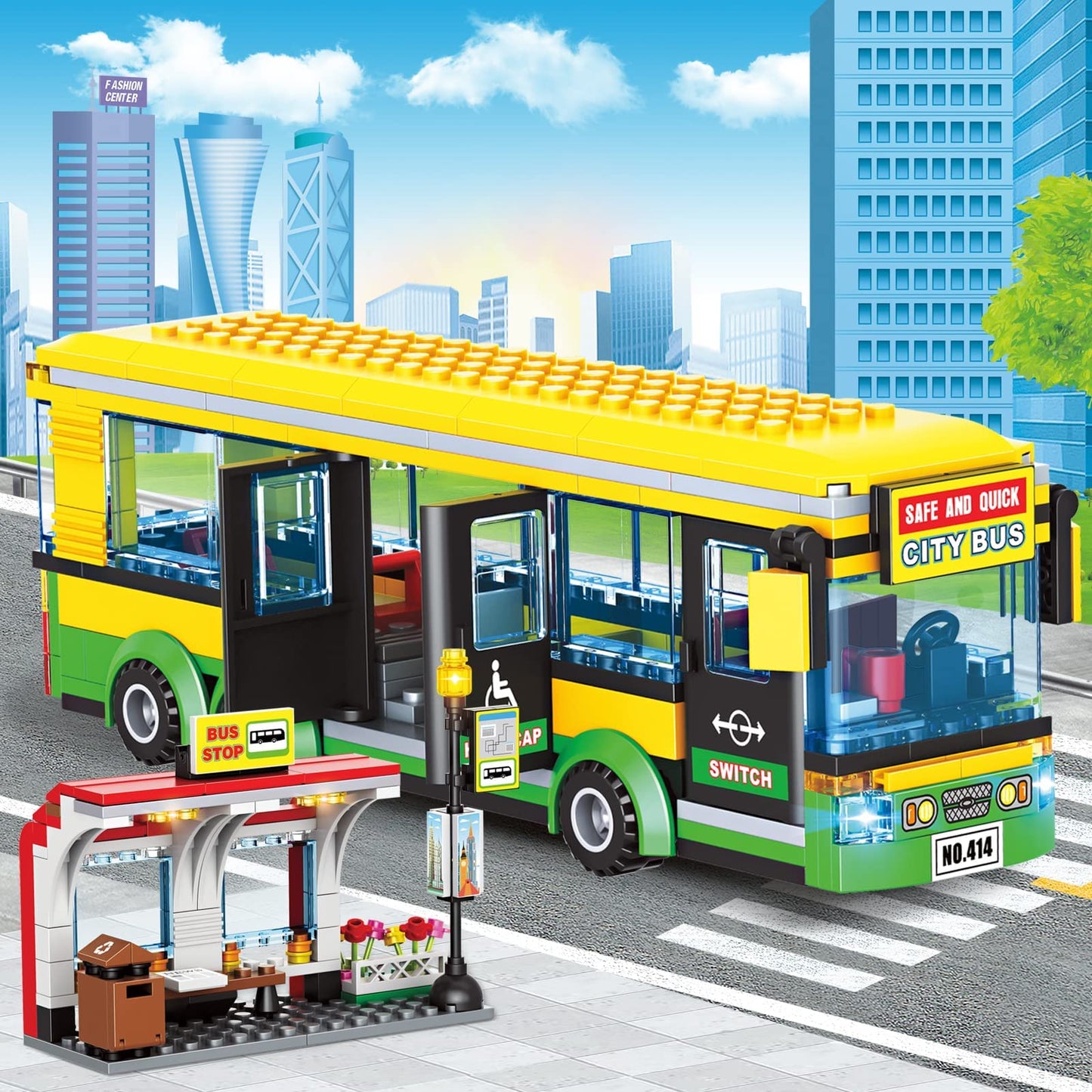 City Town Center Bus Station Building Kit, Bus Station Building Blocks Toy for Kids, with Bus & Bus Station, Best Learning Roleplay STEM Block Play Toys Gift for Boys Girls Aged 6-12 (386Pcs)