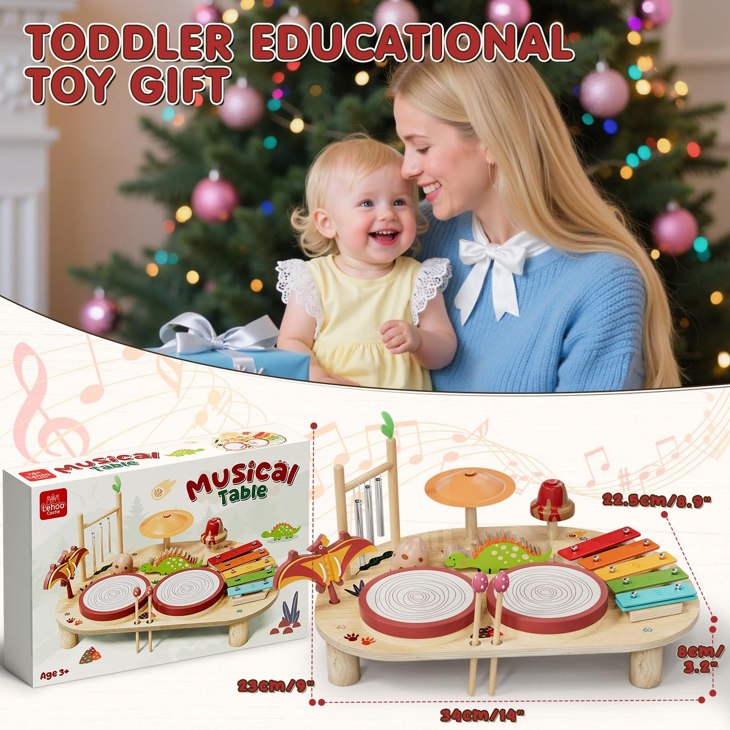 Lehoo Castle Toddler Drum Set, Montessori Educational Toys for 1 2 3 Year Old, Wooden Musical Instruments for Toddlers 1-3, Baby Musical Toys for 6-12 Month, 1 Year Old Boys Girls Birthday Gifts