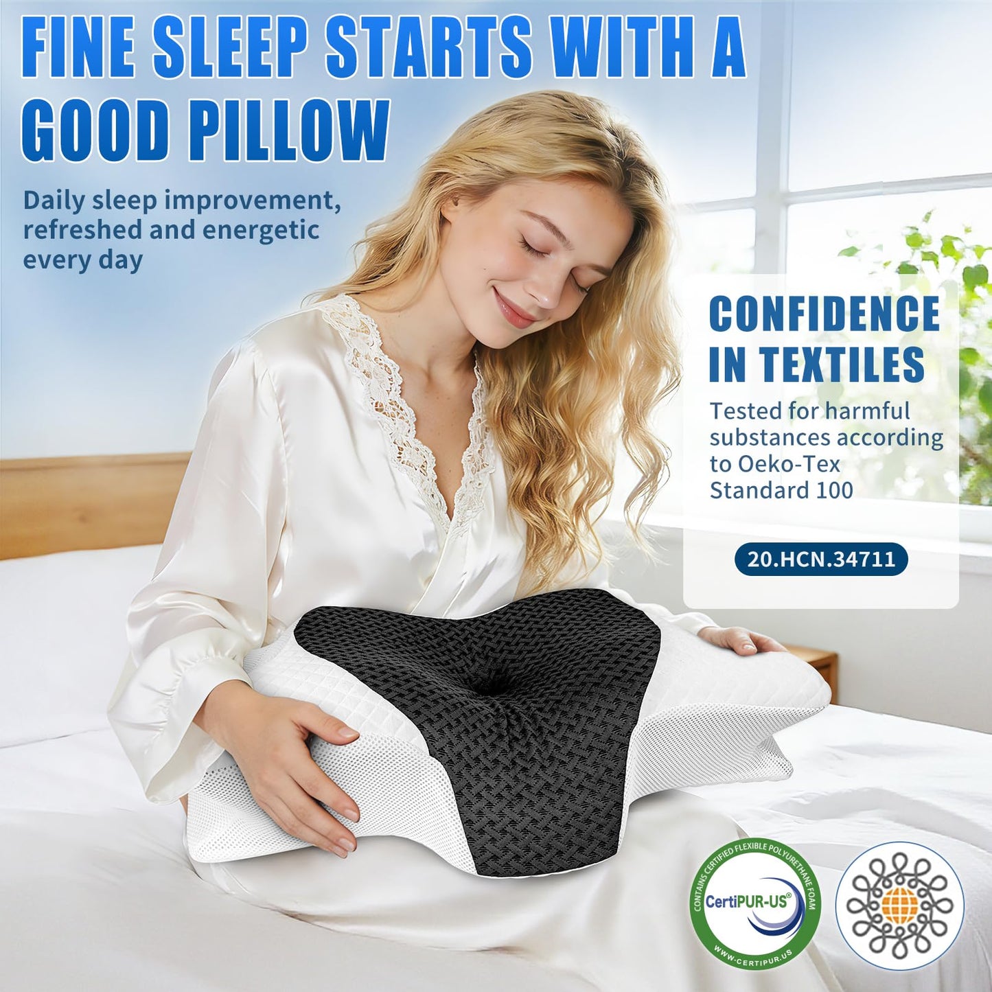 SAHEYER Cervical Pillow for Neck Pain Relief, 2 in 1 Ergonomic Memory Foam Neck Pillow, 2 Heights Adjustable Orthopedic Support Pillow for Side, Back and Stomach Sleepers, 23.6x14x3.9/5.1 inch, Gray