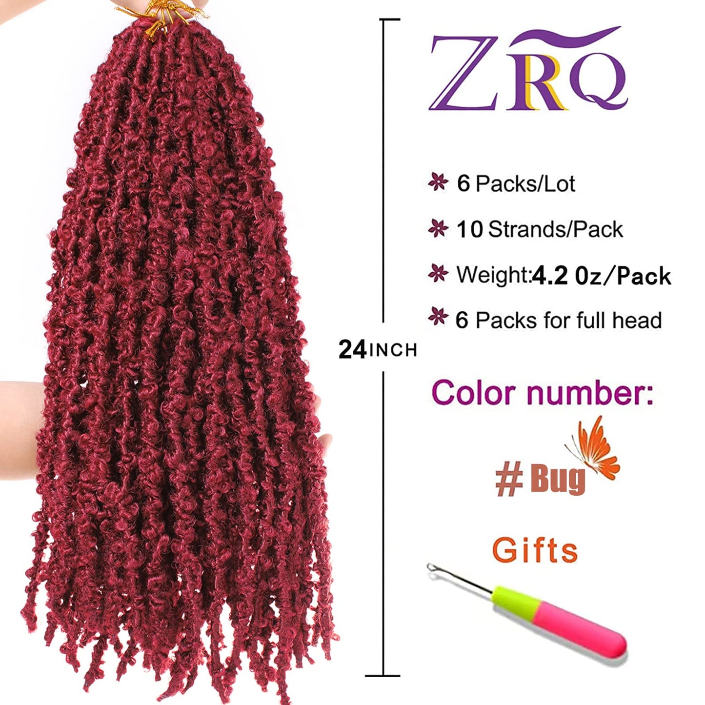 ZRQ 24 Inch Pre-twisted Butterfly Locs Crochet Hair 6 Packs Goddess Long Distressed Faux Locs Crochet Braids Hair Burgundy Pre-looped Messy Bohemian Butterfly Braids Hair BUG#
