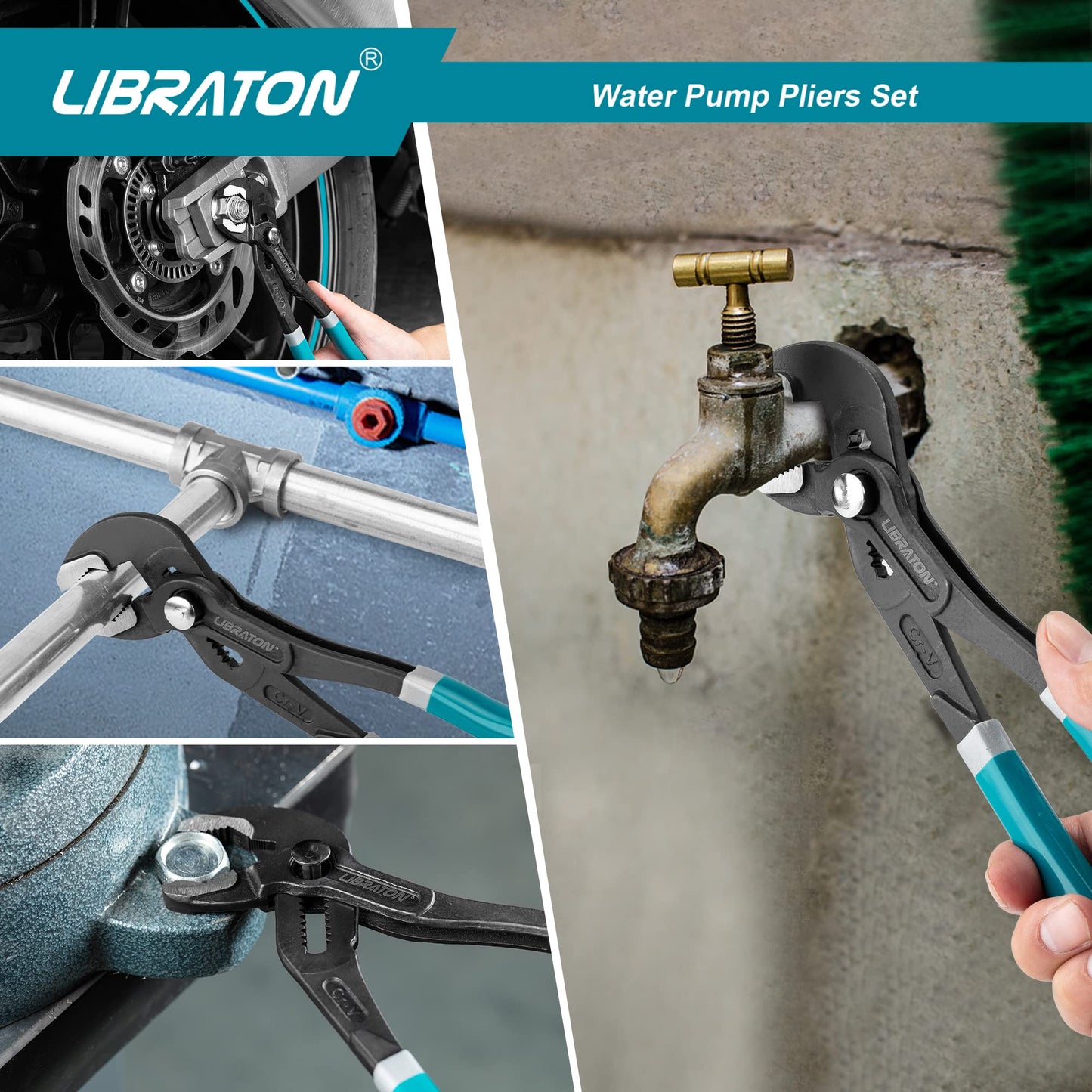 Libraton Water Pump Pliers, Groove Joint Pliers Set, V-Jaw Tongue and Groove Pliers in CR-V Steel, 3PCS Plumbing Pliers, Ratcheting Push Button Adjustment Mechanism