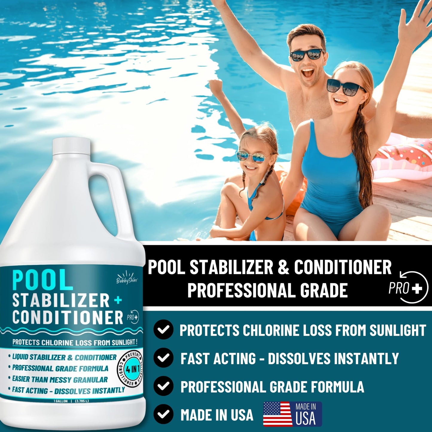 BubbyShine, Pool Stabilizer - Cyanuric Acid Pool Stabilizer, Liquid Chlorine Stabilizer for Pool Chemicals, Swimming Pool Conditioner Stabilizer, Pool Stabilizer for Salt Pool & Chlorine, 1 Gallon