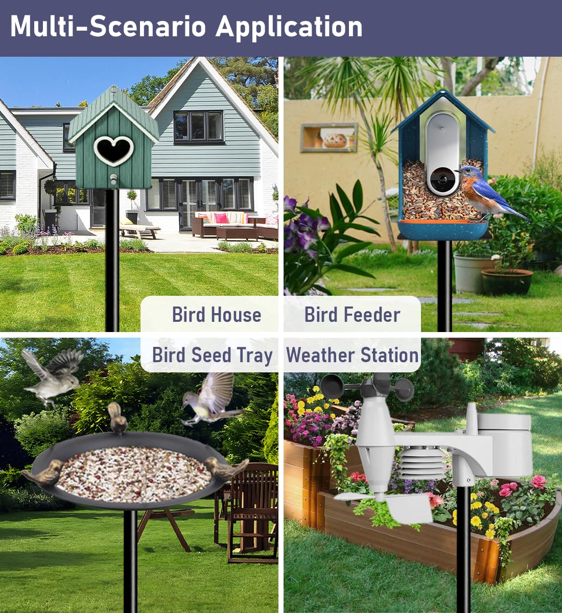 Ansionsol 105 Inch Smart Bird Feeder Pole with 5-Prong Base, Adjustable Bird House Pole Mount Kit for Outdoors, Heavy Duty Bird Feeder Stand for Wild Birds Watching, Black