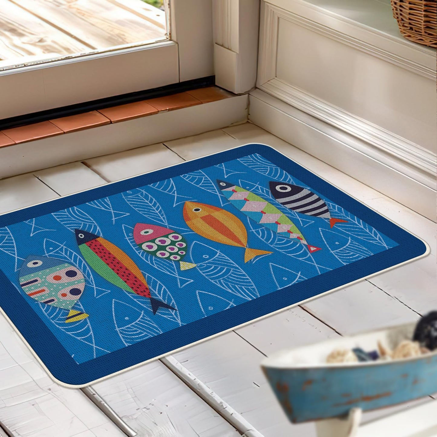 Livcoz Coastal Fish Blue Kitchen Rugs Set of 2, Nautical Beach Ocean Fishes Floor Mats Decor, Farmhouse Sea Door Mat Home Decorations - 17x29 and 17x47 Inches