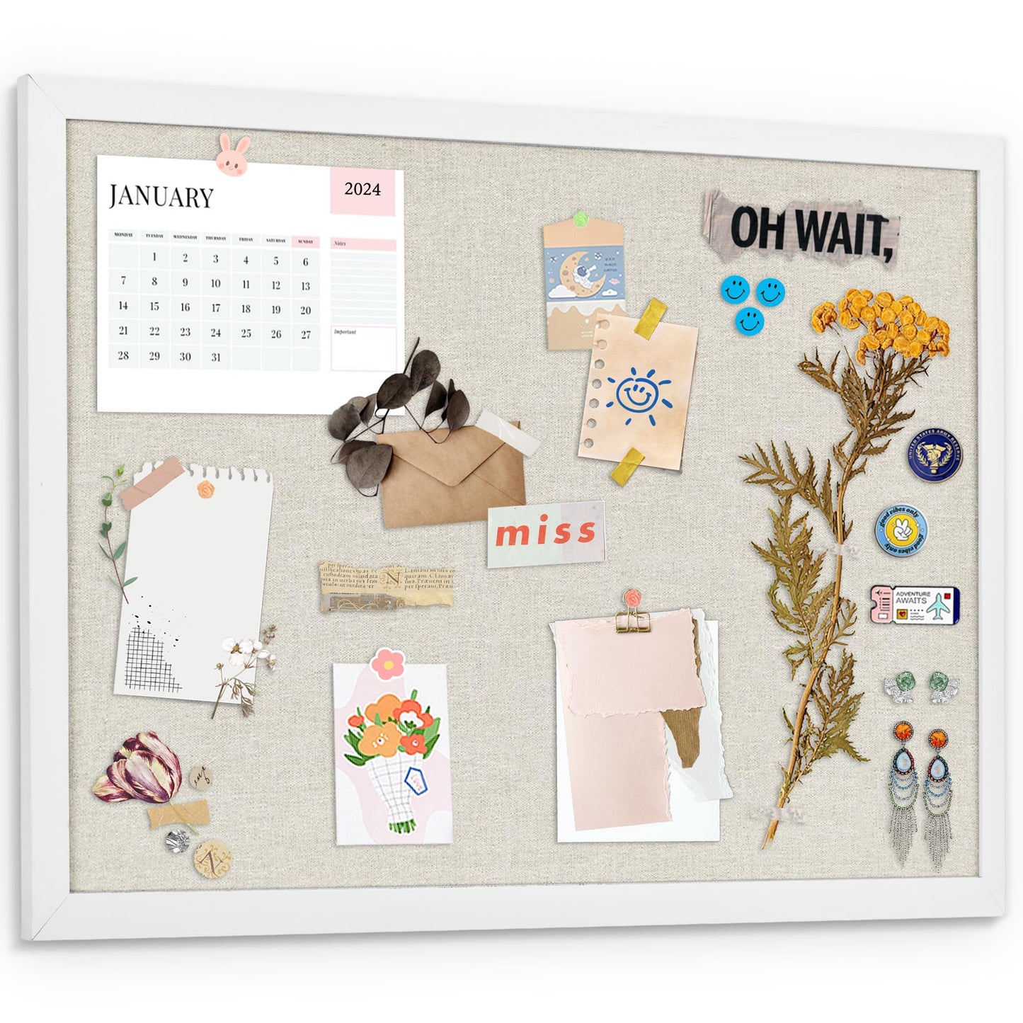 AKTOP White Cork Bulletin Board With Linen 18" X 24", Large Framed Corkboard for Wall, Hanging Pin Board for Home Office Decor, Cute Vision Board With Pushpins