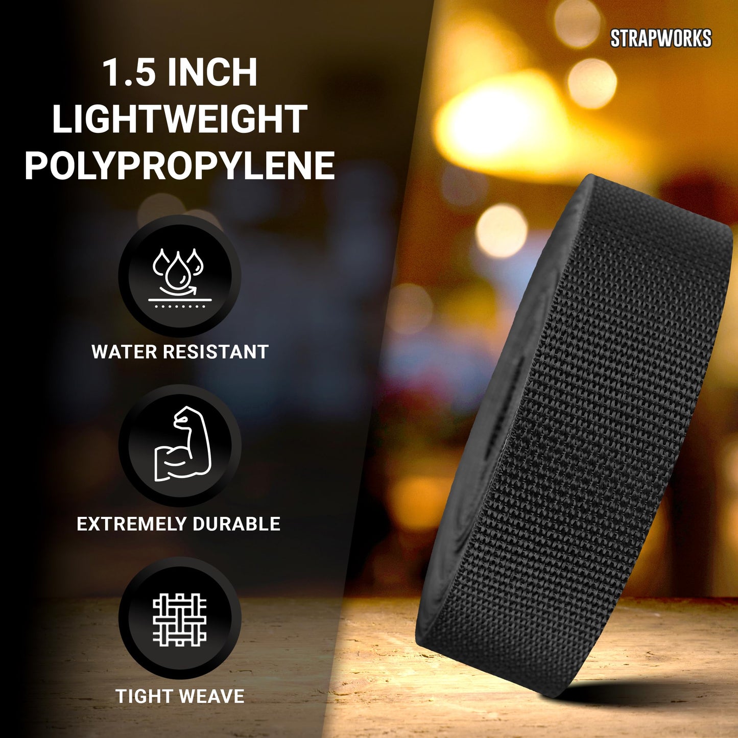 Strapworks Lightweight Polypropylene Webbing - Poly Strapping for Outdoor DIY Gear Repair, Pet Collars, Crafts – 1.5 Inch x 50 Yards - Black
