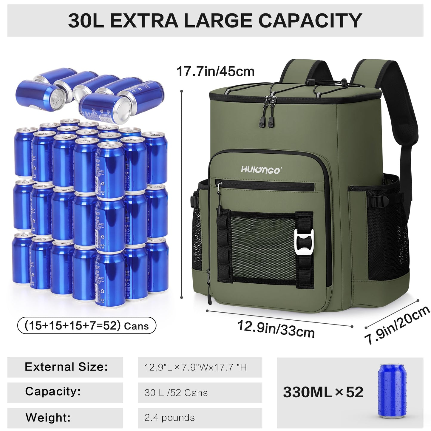 Hulongo Large 52cans Waterproof Insulated Cooler Backpack for Men & Women, Leak Proof Backpack Cooler, Soft, 8Gal (Army Green)