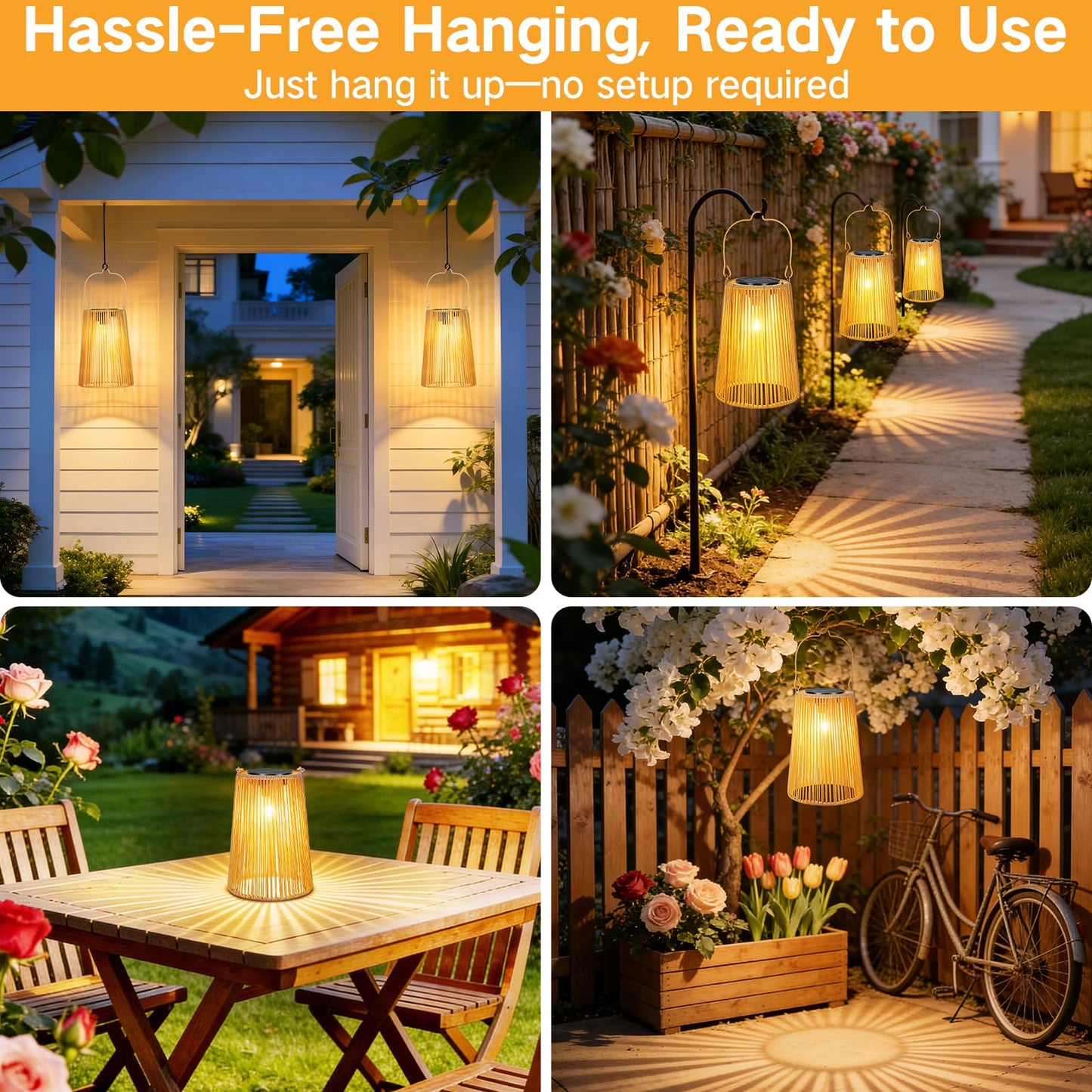 OUTONLIFE 2 Pack Solar Lanterns Outdoor Waterproof, Hanging Rattan Woven Solar Lights with Auto On/Off, Decorative Gifts for Garden, Yard, Patio, Tree, Porch, Lawn, Pathway & Outside Tabletop Decor