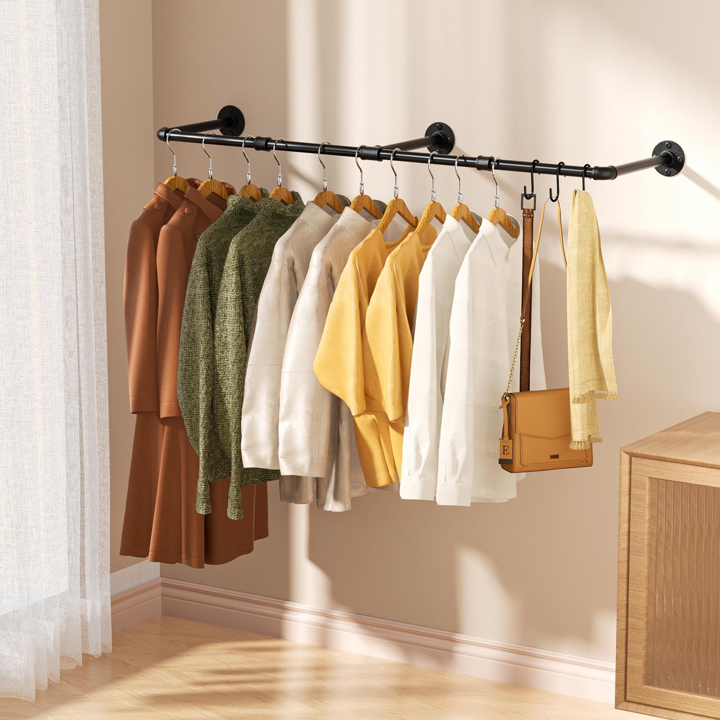 Pickpiff Vintage Clothes Rack, 55" Industrial Pipe Wall Mount Garment Rack, Space-Saving Heavy Duty Clothes Hanger for Closet Storage, 3 Bases, 1-Pack with 6 S-Hooks