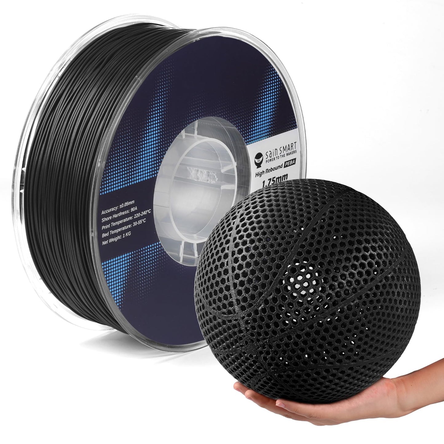 SainSmart PEBA High Rebound 90A Flexible Filament, 1KG (2.2lbs), Super TPU with 78% High Rebound, 20% Lighter & 2X Faster Printing, Nylon-Based Strength, Adjustable Flexibility, 1.75mm, Black