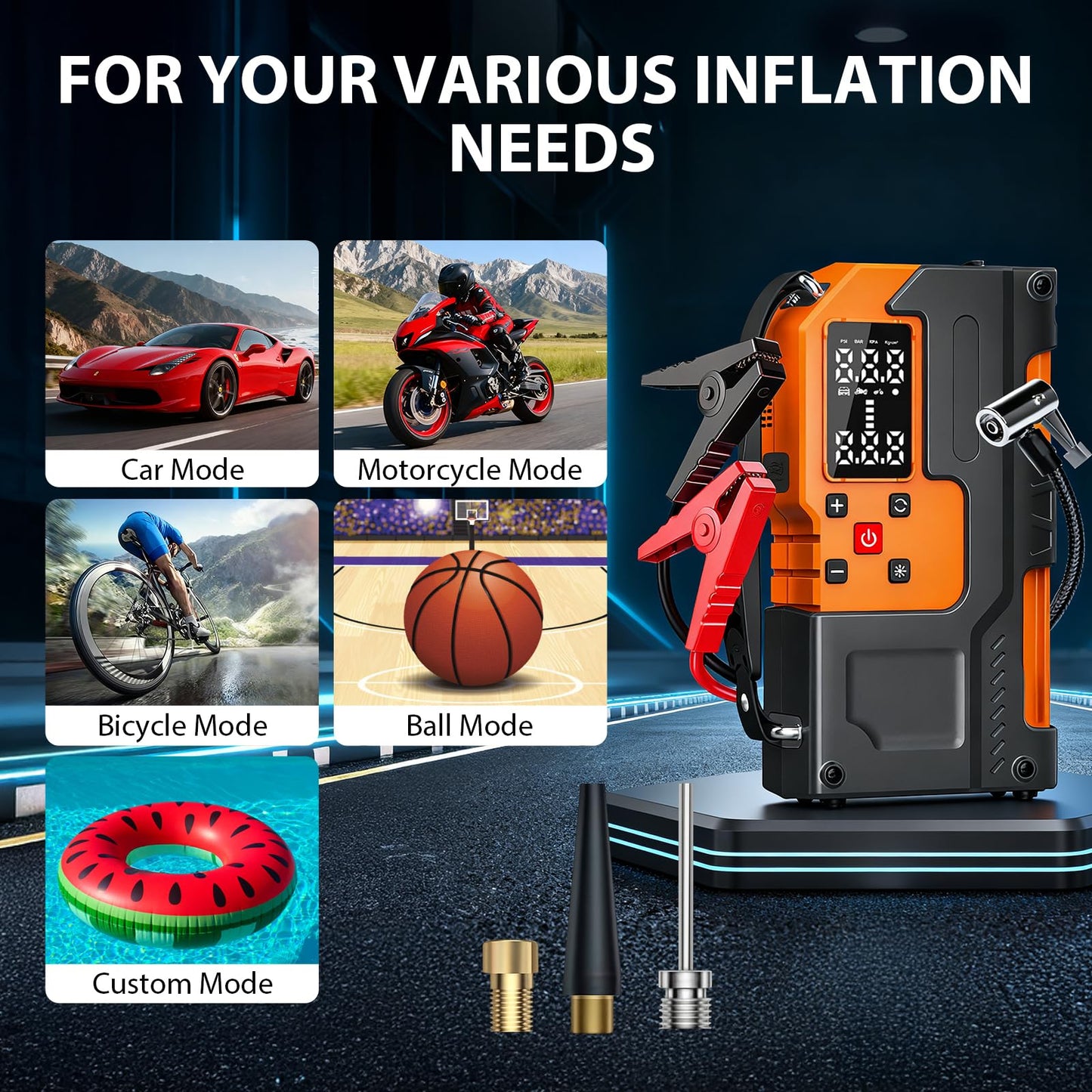 Jump Starter with Air Compressor 2000A, 10000mAh&150PSI Car Battery Jumper Starter Portable, 12V Battery Pack Jump Box (9L Gas/7L Diesel Engine) with Boost, Light and Jumper Cables(Orange)