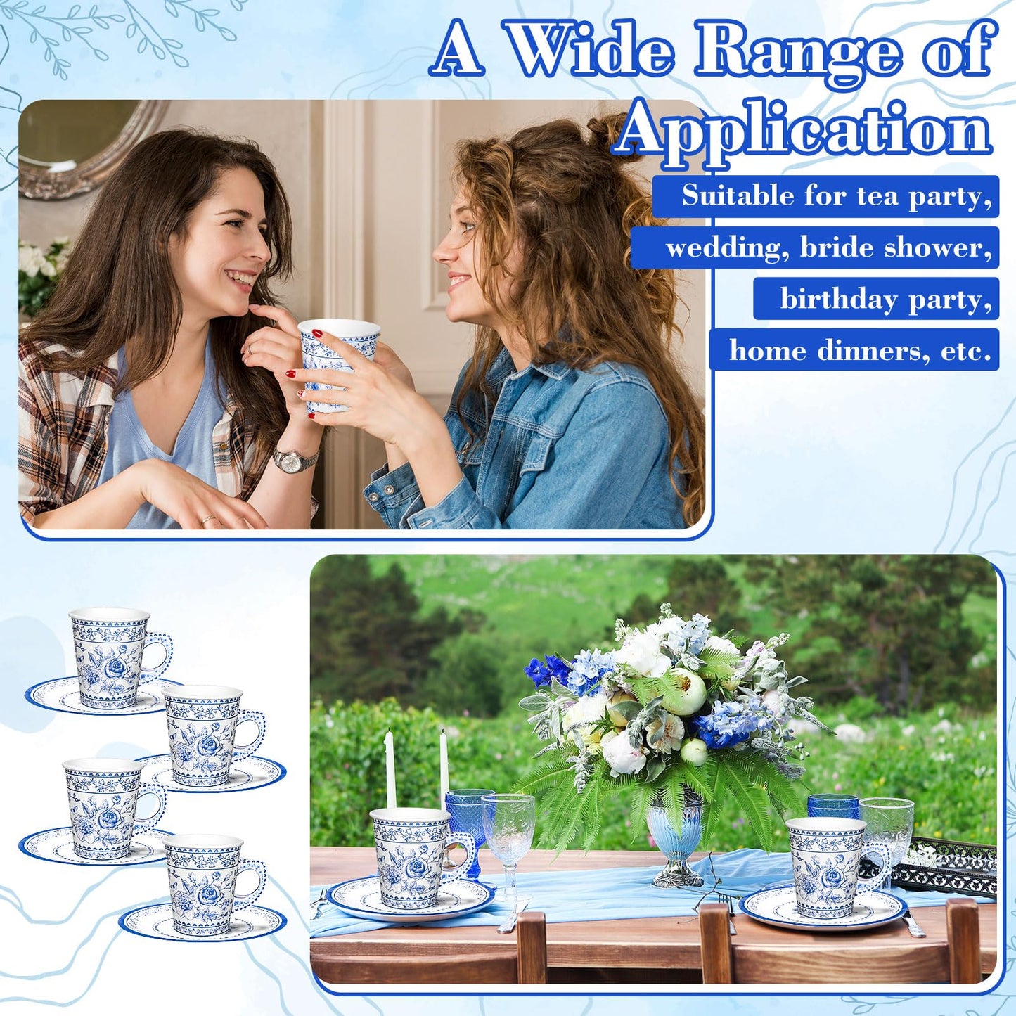 Whaline 80Pcs Blue White Floral Paper Tea Party Cups with Handles Chinoiserie Flower 9oz Disposable Teacups with Dessert Plates for Wedding Birthday Spring Tea Party