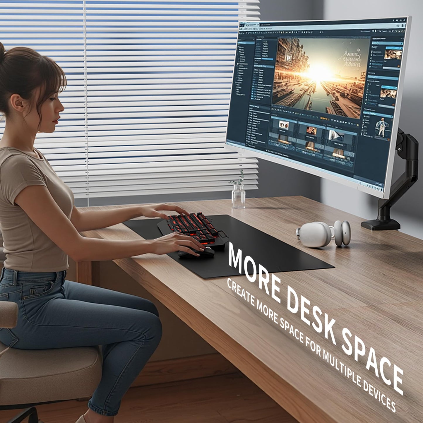 C-MOUNTS Single Monitor Arm Desk Mount,Gas Spring Monitors Arm for 17-32 inch Screens,Adjustable Computer Monitors Stand up to 4.4 to 19.8 lbs,Vesa Mount with Clamp and Grommet Base, VESA 75 & 100mm
