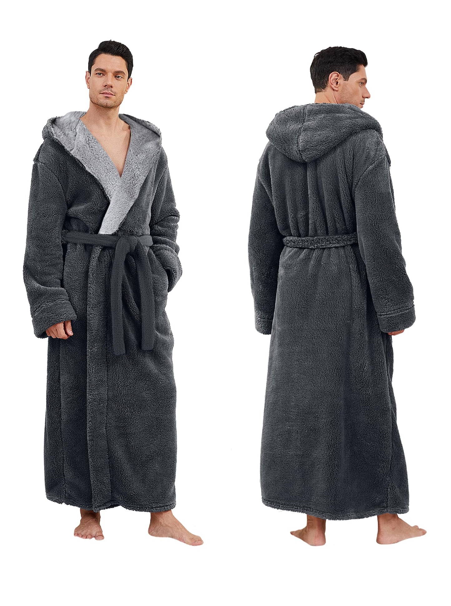 Hellomamma Mens Long Robes with Hood Full Length Hooded Bathrobe Fleece Plush Fluffy Housecoat Nightgown Grey X-Large