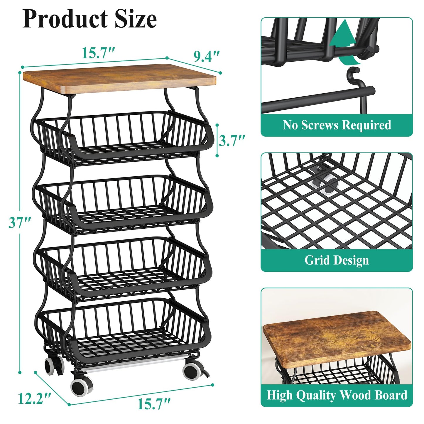 SAYZH Fruit Basket Kitchen Pantry Organizers and Storage - Wooden Top Table, Stackable Metal Wire Basket Stand Cart for Fruit Vegetable Snacks Onion Potato Organization (Black, 5 Tiers)