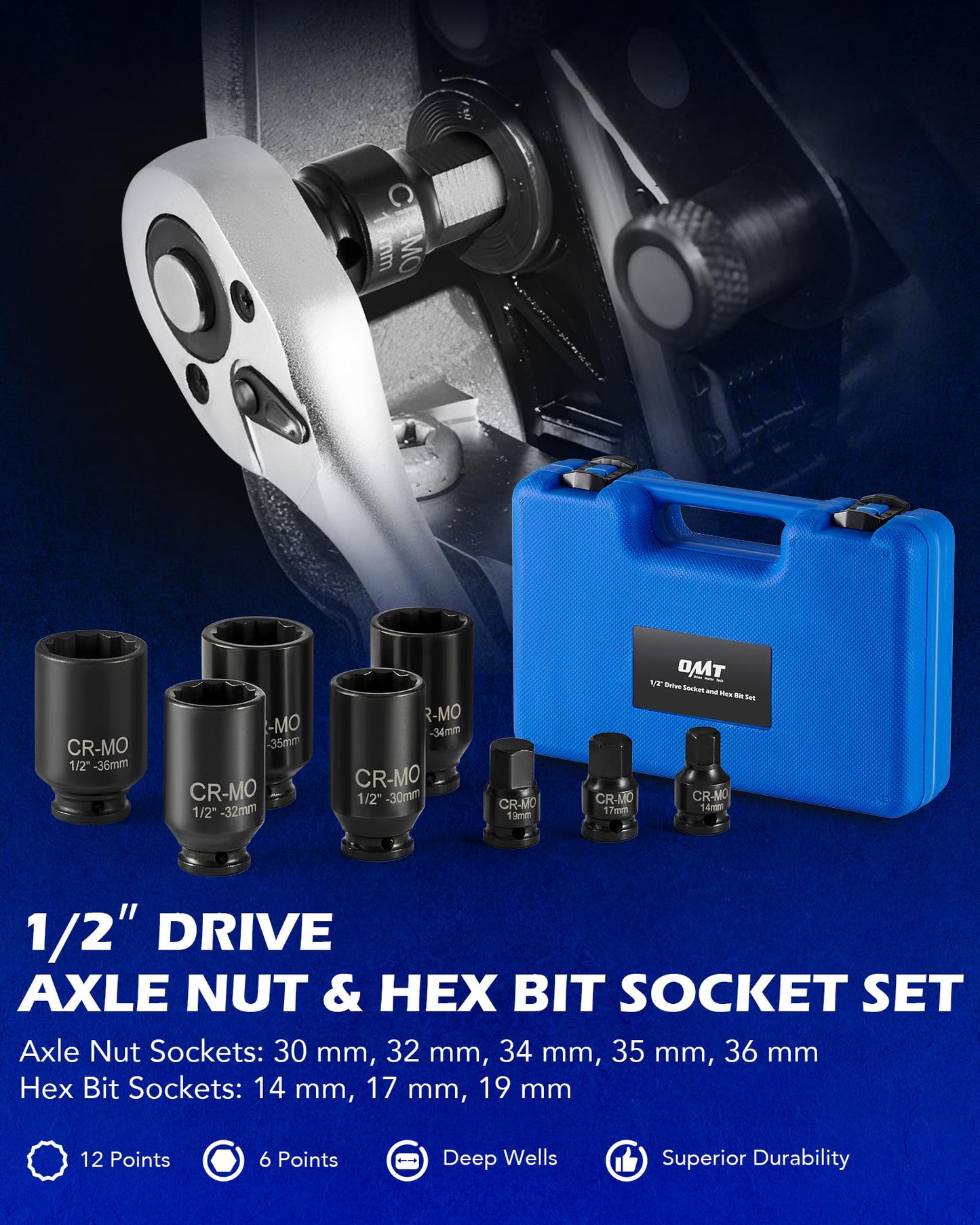 Orion Motor Tech 8pc Axle Nut Socket Set, 1/2 in Drive Metric 12 Point CR-MO Axle Nut Impact Socket Set, Extra-Deep Spindle Axle Nut Sockets with Storage Case, 14mm 17mm 19mm, 30mm 32mm 34mm 35mm 36mm