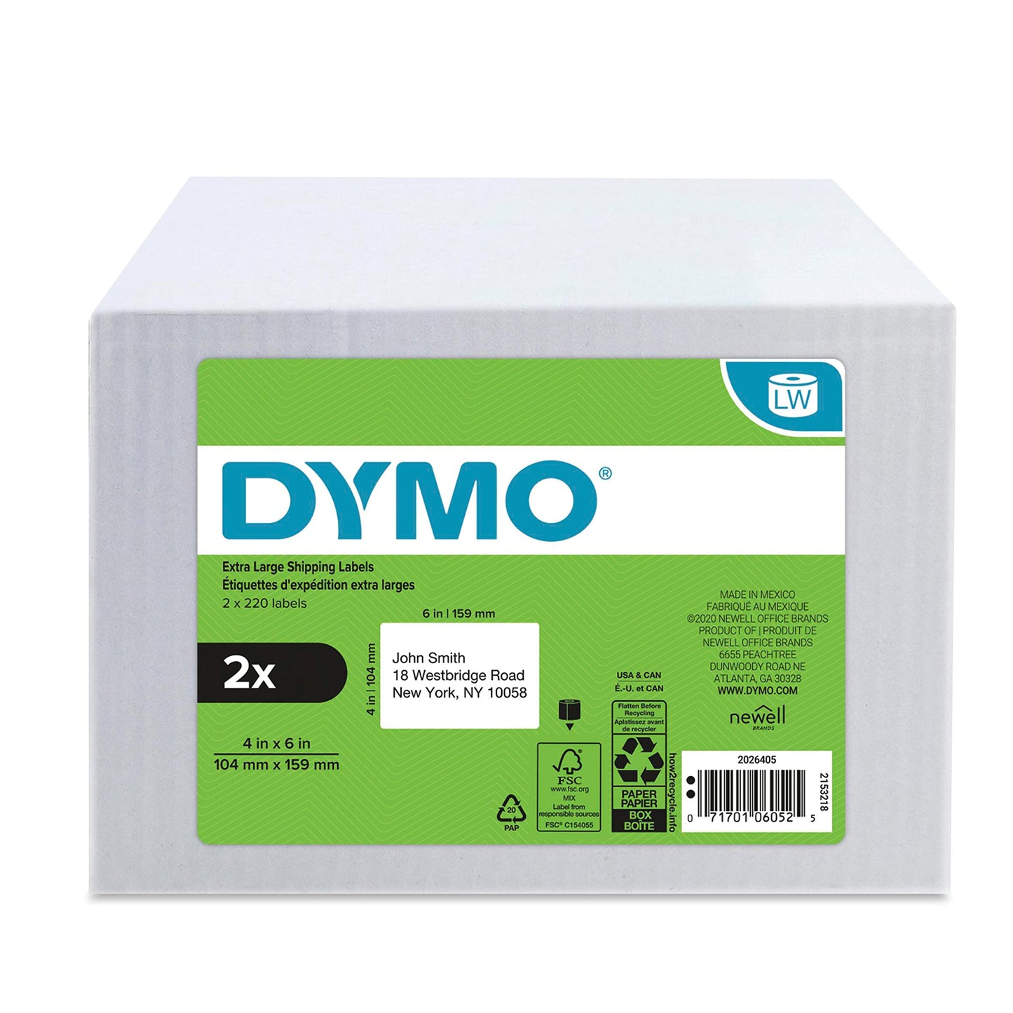 DYMO LW Extra-Large Shipping Labels for LabelWriter Label Printers, White, 4'' x 6'', 2 Rolls of 220 (2026405)