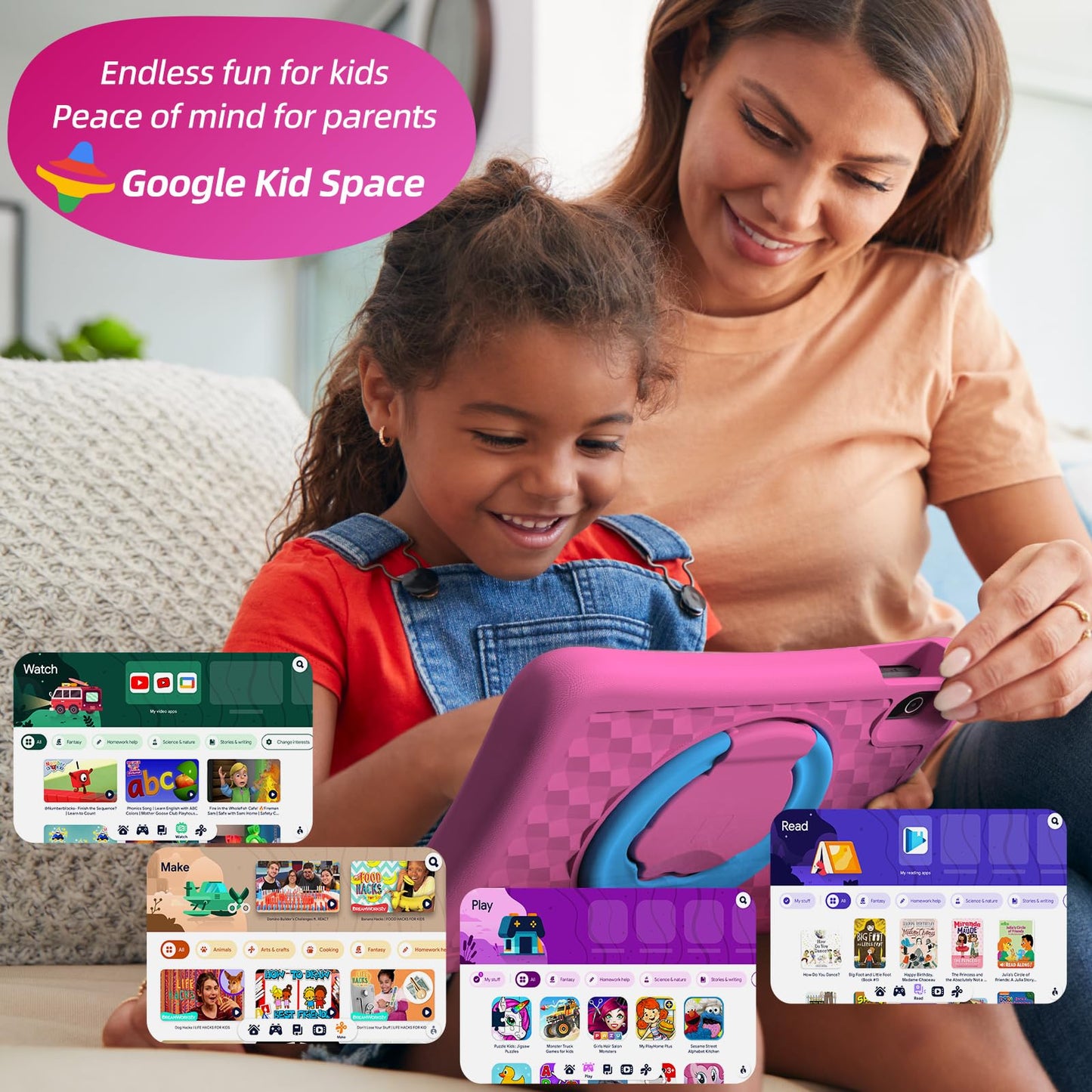 2025 Upgraded Kids Tablet, 10 Inch Android 15 Tablet for Kids with EVA Shockproof, 8-Core, 12(4+8) GB RAM 64GB Storage, Kids Space, Parental Control, WiFi, BT, Plimpton Kids20 (Pink)