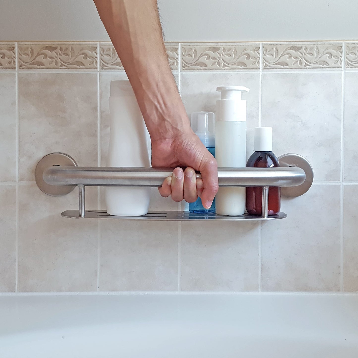 HEALTHCRAFT Plus 2-in-1 Shampoo Shelf and Grab Bar, 19.5 inch | ADA Compliant Wall-Mounted Safety Grab Bar for Bath and Shower, Brushed Steel Handicap Grab Bar for Seniors, 500 lbs Capacity
