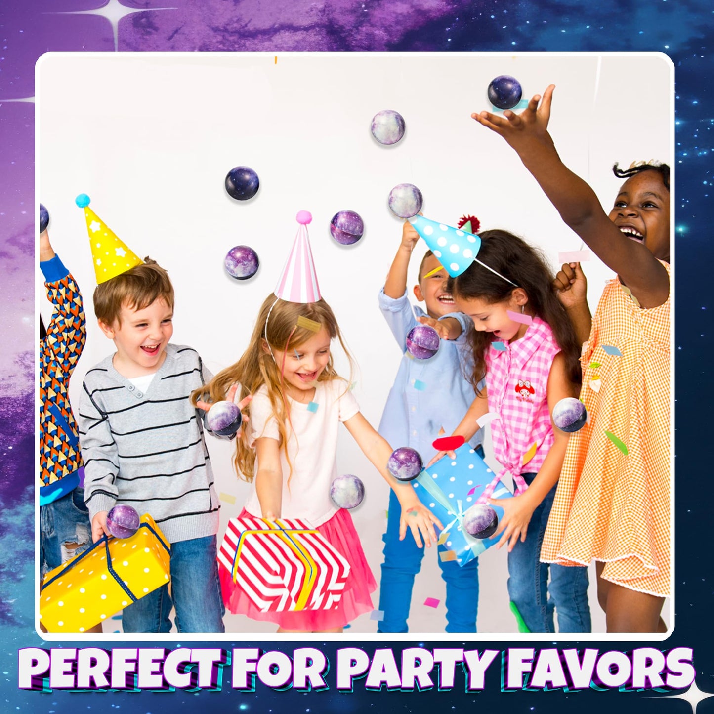 Galaxy Stress Balls for Kids - Pack of 50 Bulk - Squeeze Anxiety Fidget Sensory Balls for Children with Outer Space Theme, Great Toys for Party Favors and Birthday Party Supplies