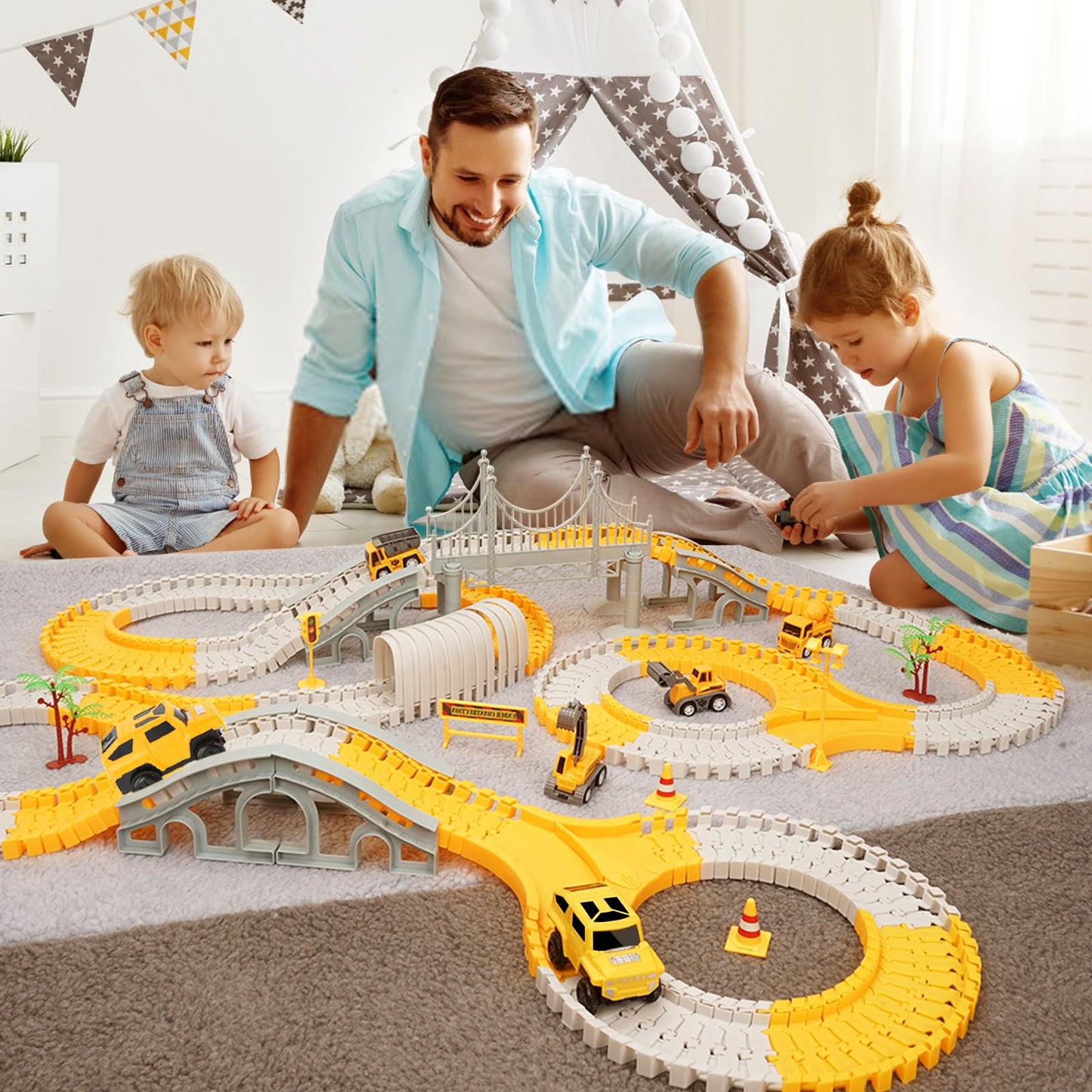 329 pcs Race Track Set for Toddler, Construction Track Car Toys, Flexible Car Tracks with 6 Cars, Presents for Kids 3 4 5 6 Year Old Boys Girls