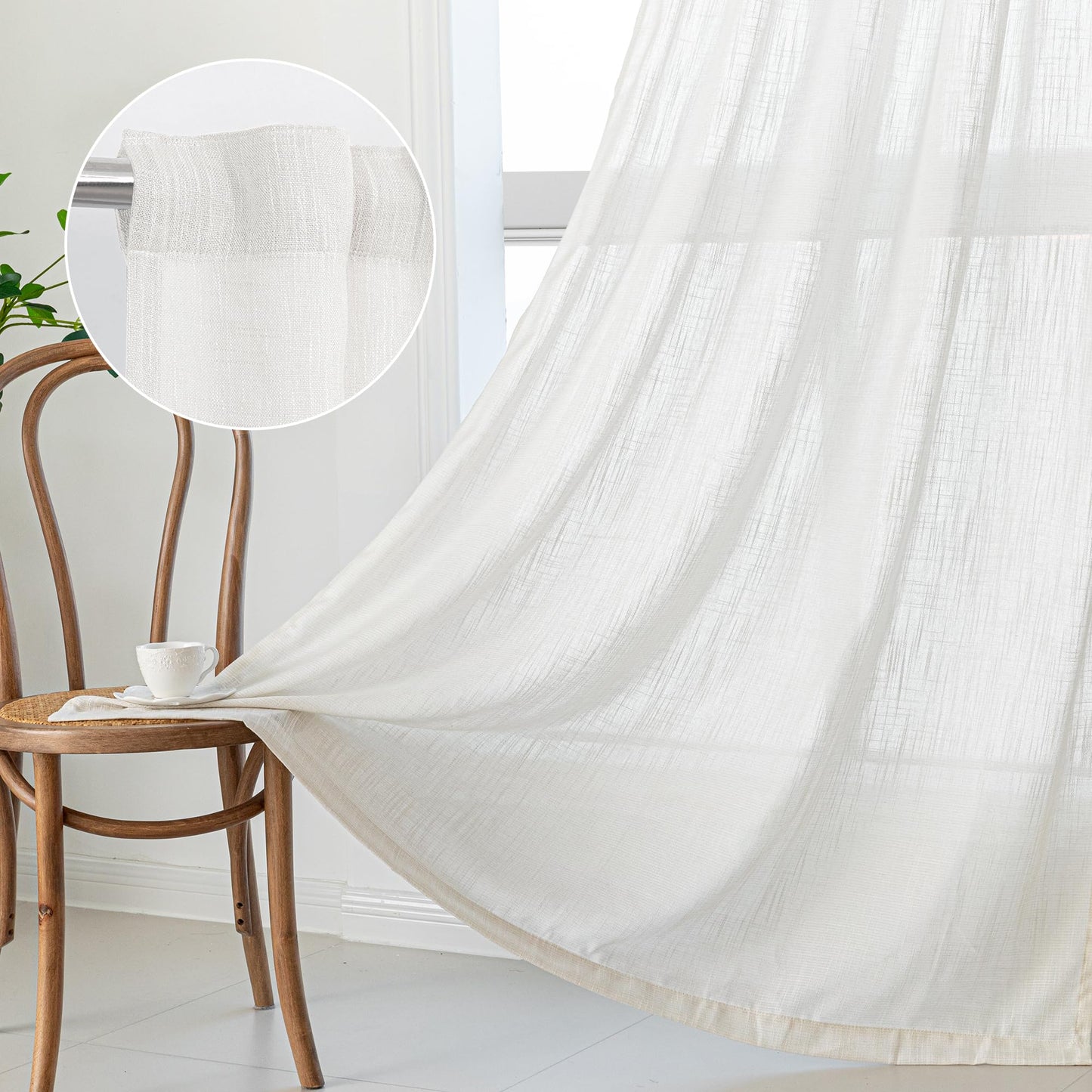 MYSKY HOME Natural Linen White Curtains 84 Inches Long, Semi Sheer Soft Cotton Window Drapes Set for Living Room Back Tab Elegant Cute Look Country Bedroom Curtains, 50" x 84", Beige, 2 Panels