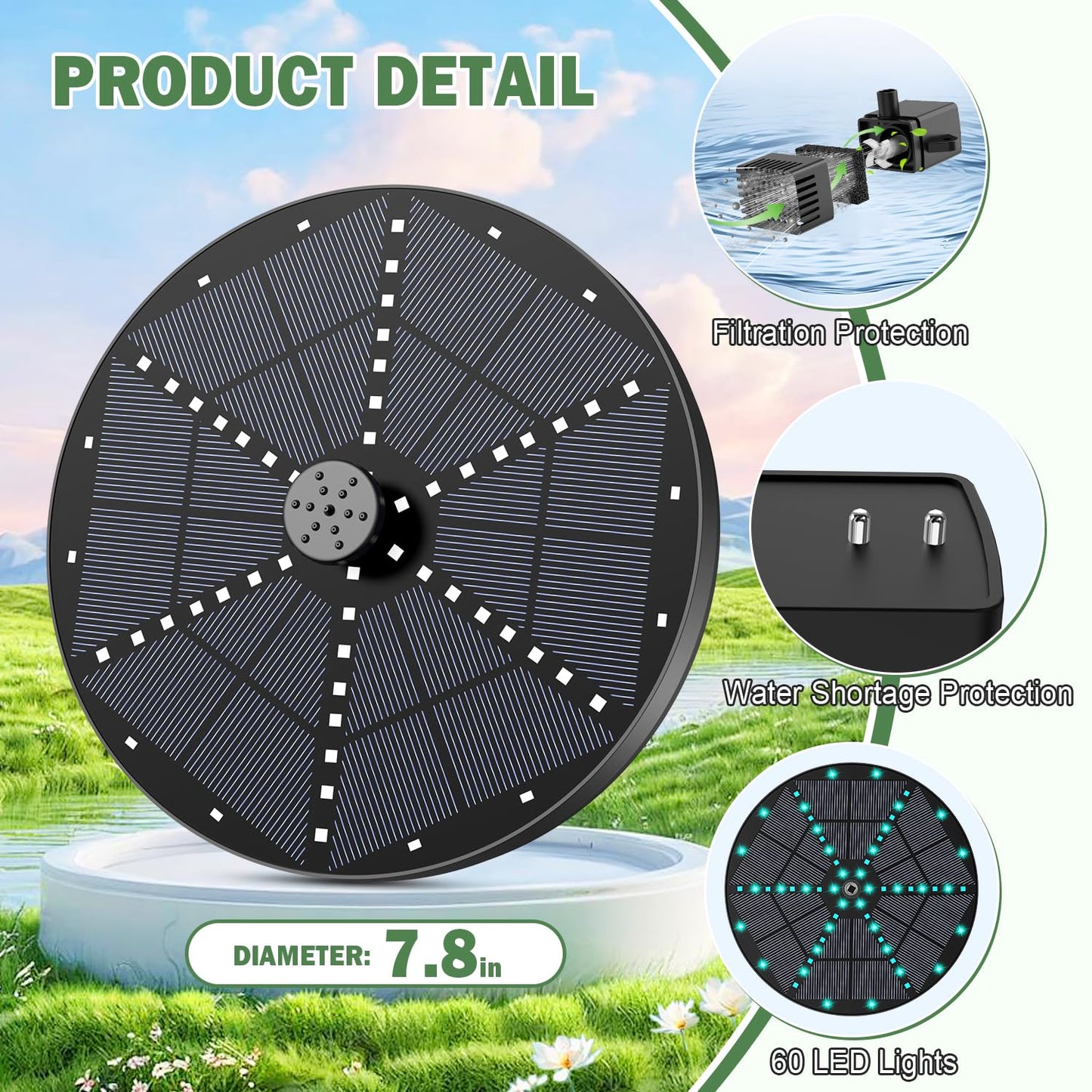 Yzert Upgraded Solar Fountain Bird Bath with 60 LED Lights, Solar Powered Water Fountain Pump with Battery Backup 7 Nozzles 4 Fixers, Outdoor Fountain for Garden Patio Pond Birdbath Pool