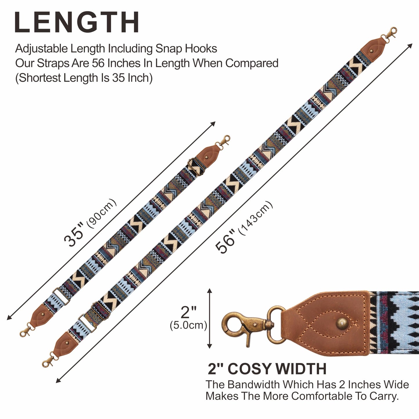 Nefelibata Banjo Strap, 2" Wide Double Crazy Horse Leather Jacquard Embroidery Strap Adjustable Replacement,Multi-pattern Strap With Metal Clips