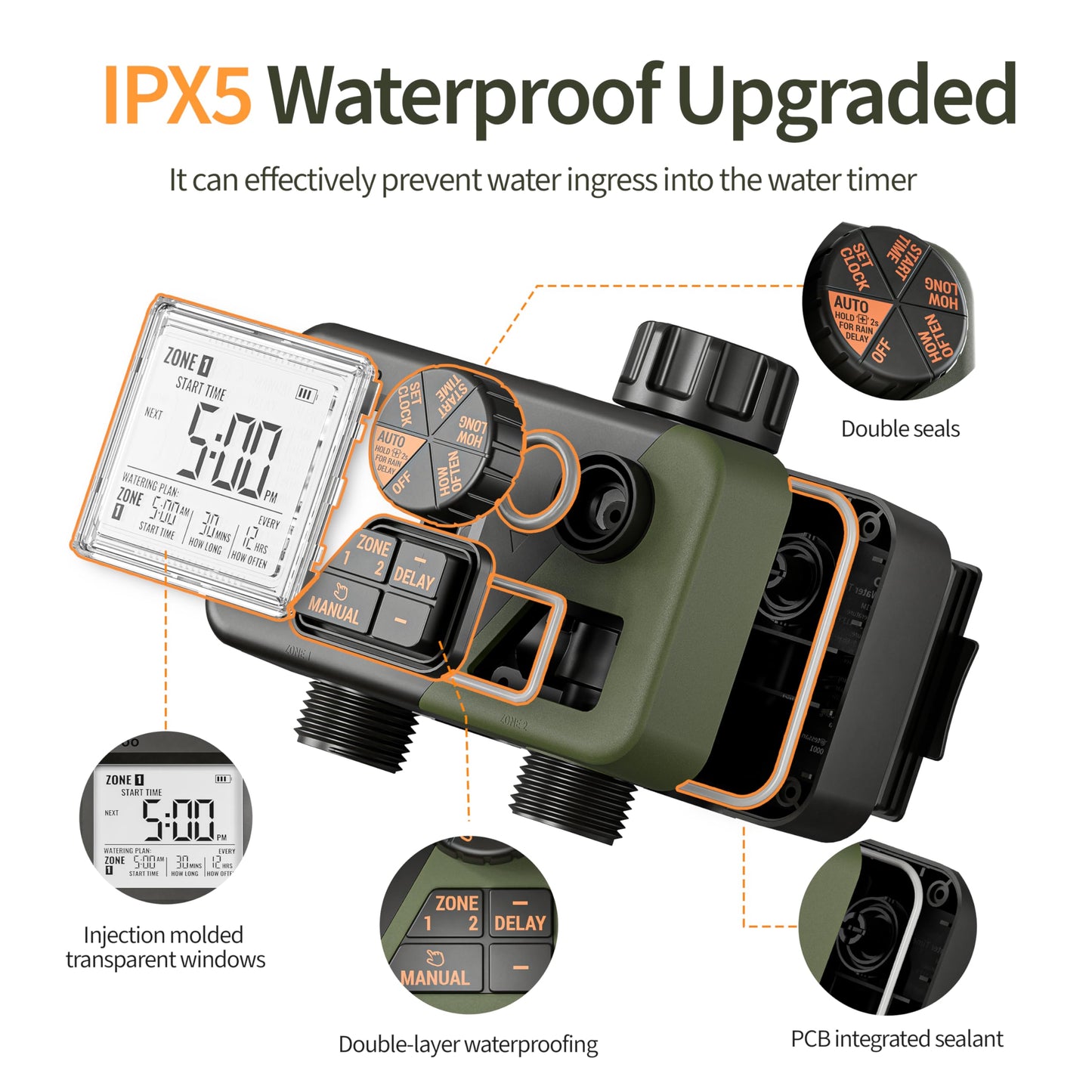 Diivoo Sprinkler Timer 2 Zone, Programmable Water Hose Timer 2 Outlet for Garden, Automatic Irrigation Timer IPX5 with Rain Delay/Manual, Outdoor Hose Timer Controller for Lawn, Yard, Pool