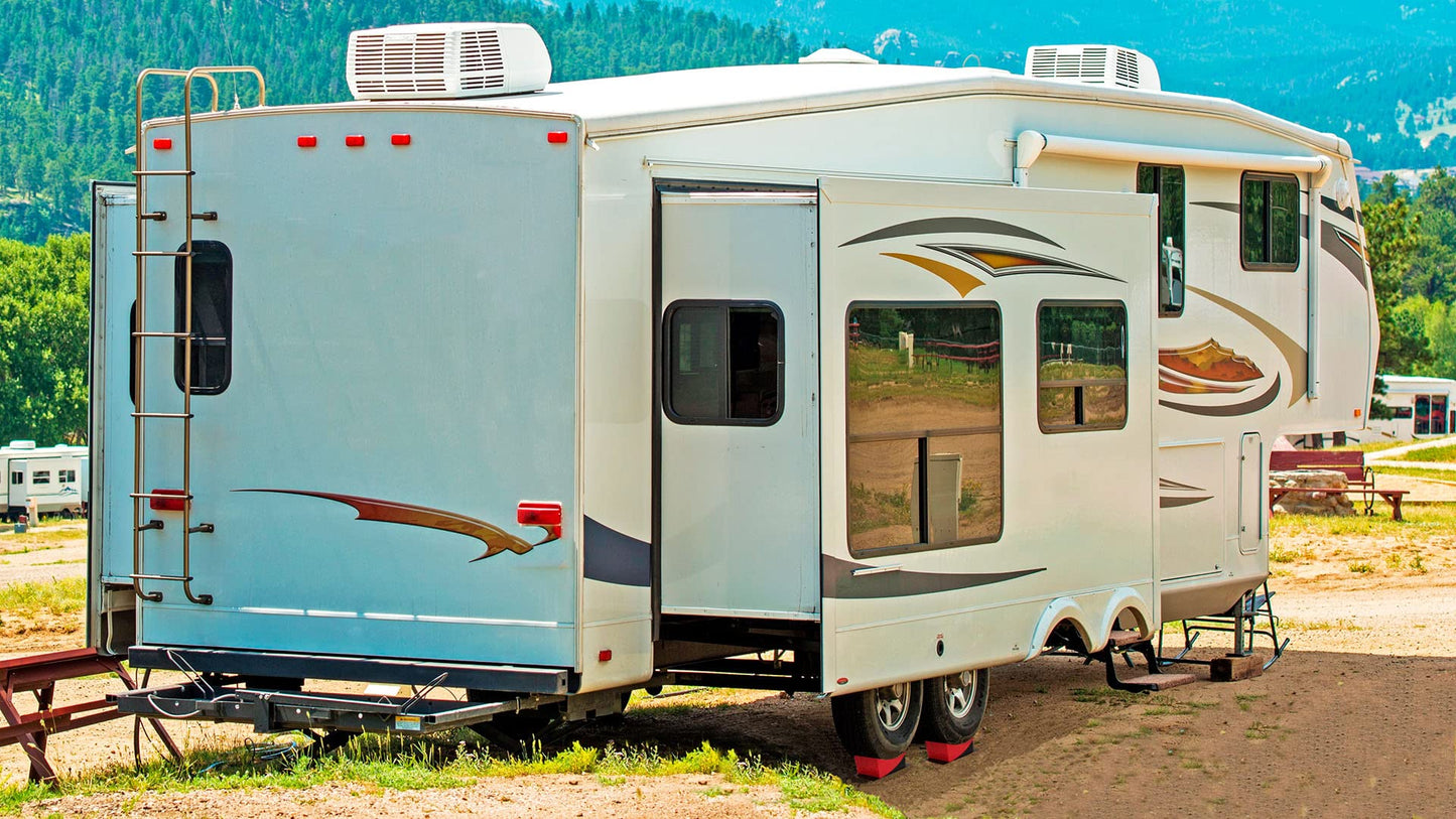 OULEME RV Leveling Blocks, Camper Leveler System 2 Packs for Dual Axle Tandem Wheel Travel Trailer, Include 2 Curved Leveler Ramp, 2 Chock, 2 Rubber Mat, 1 T Bubble Level, 1 Carry Bag