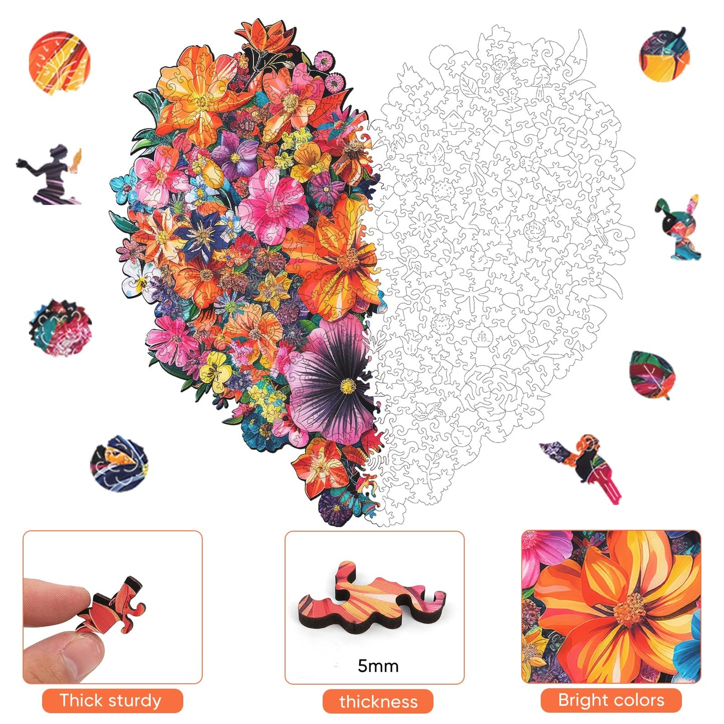 Puzzles for Adults Heart Flower Wooden Puzzles, 500 Pieces Unique Shaped Liberty Jigsaw Puzzles, Birthday Gifts for Mom Adults and Kids, Fun Challenge Family Game 16.7'' x 16.2''