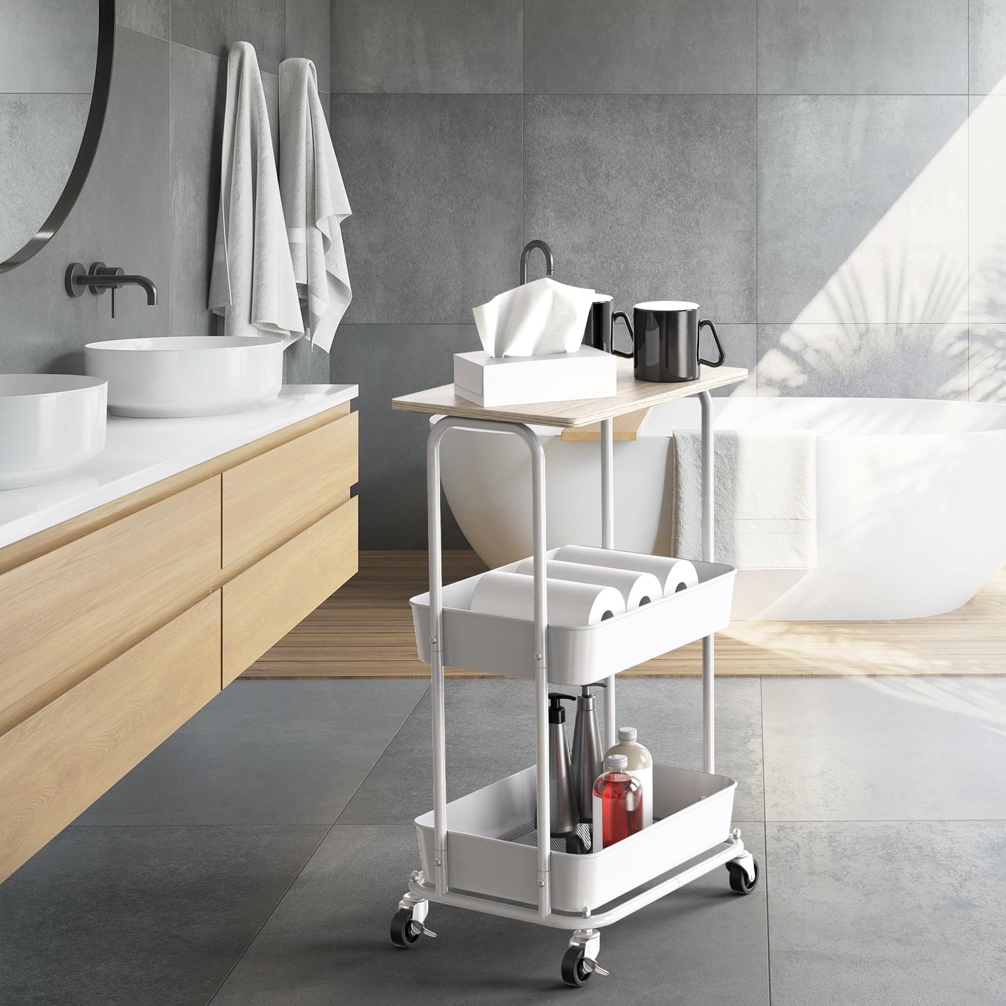 Simple Houseware 3-Tier Metal Rolling Utility Cart with Wooden Top and Lockable Wheel, Storage Organizer Trolley for Kitchen, Bathroom, Office, Craft Room, Maple