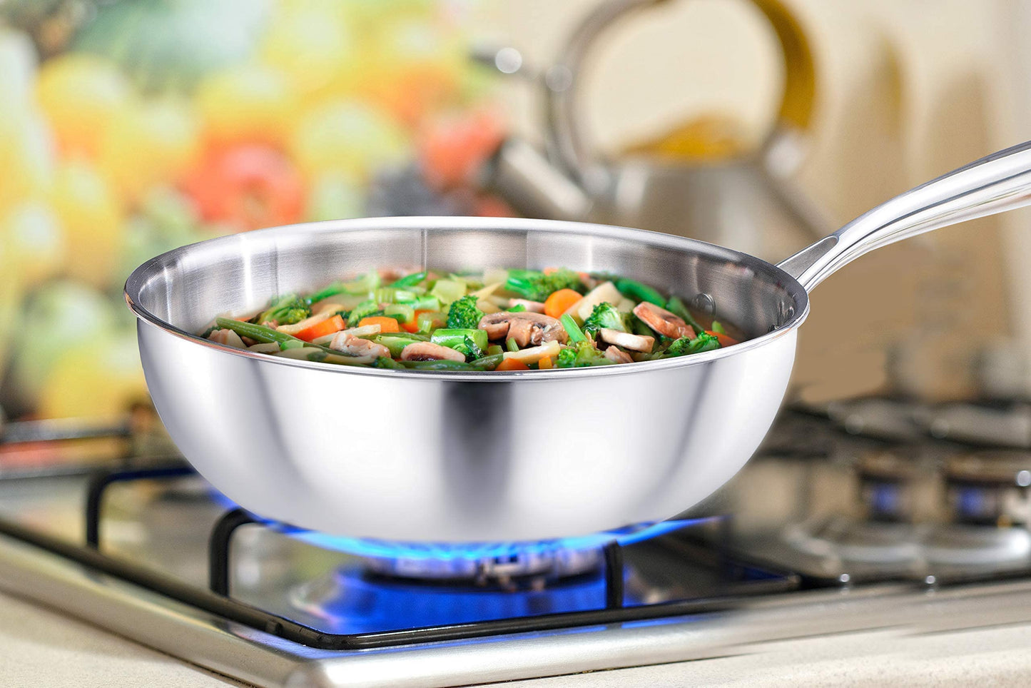 QX LIVING Stainless Steel Tri-Ply Clad Wok, Your Every Day Frying Pan with Tempered Glass Lid, 10 Inch Diameter, 1.6kg Wok Body Weight, All Stove Types (Stainless Steel Wok)