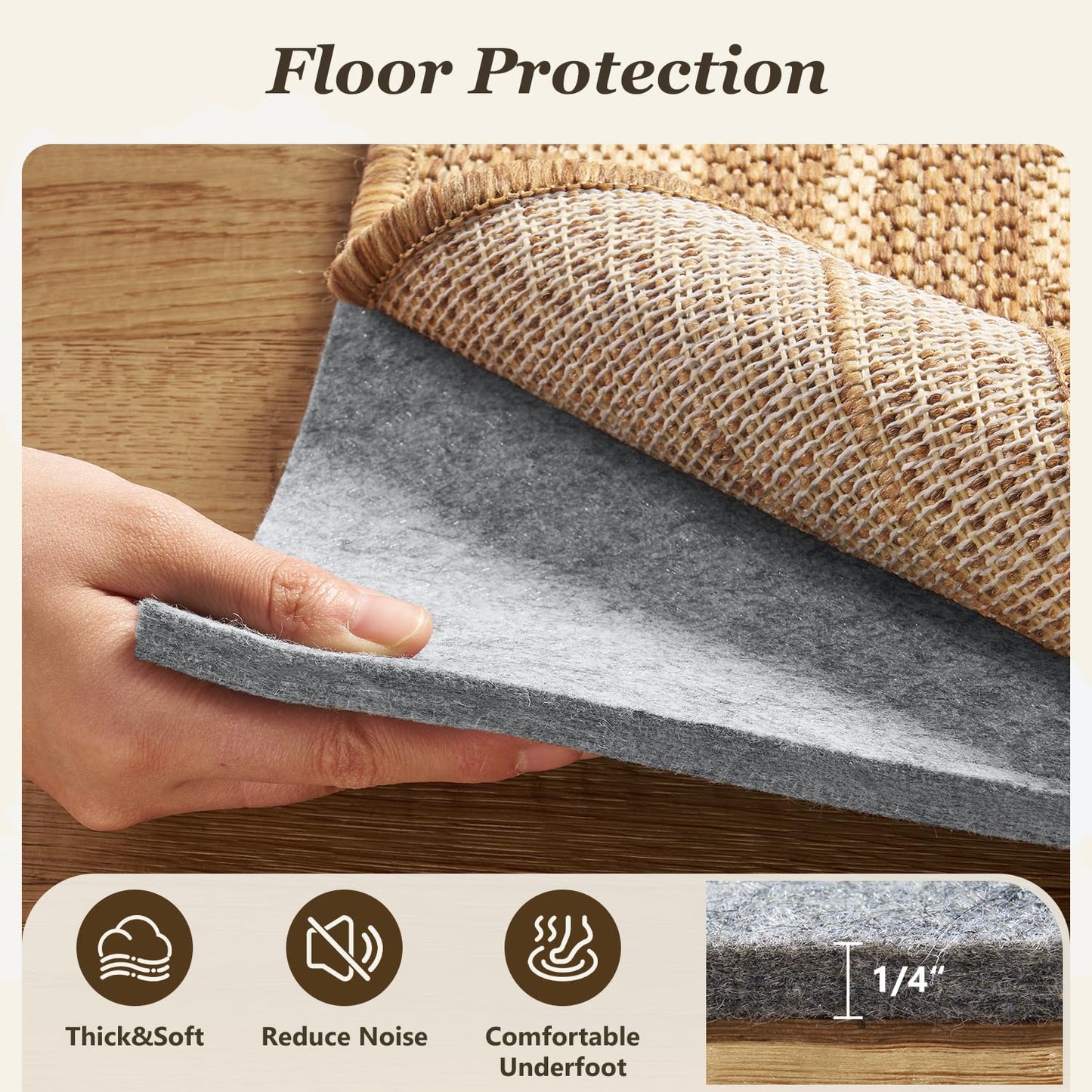 Double Sided Rug Pad 5x7ft Underpad Non Slip Reversible Rug Gripper -1/4" Anti Slip Rug Underlay-Carpet Underpad for Area Rug Cushion Extra Thick Felt,Keep Your Rugs Stay in Place