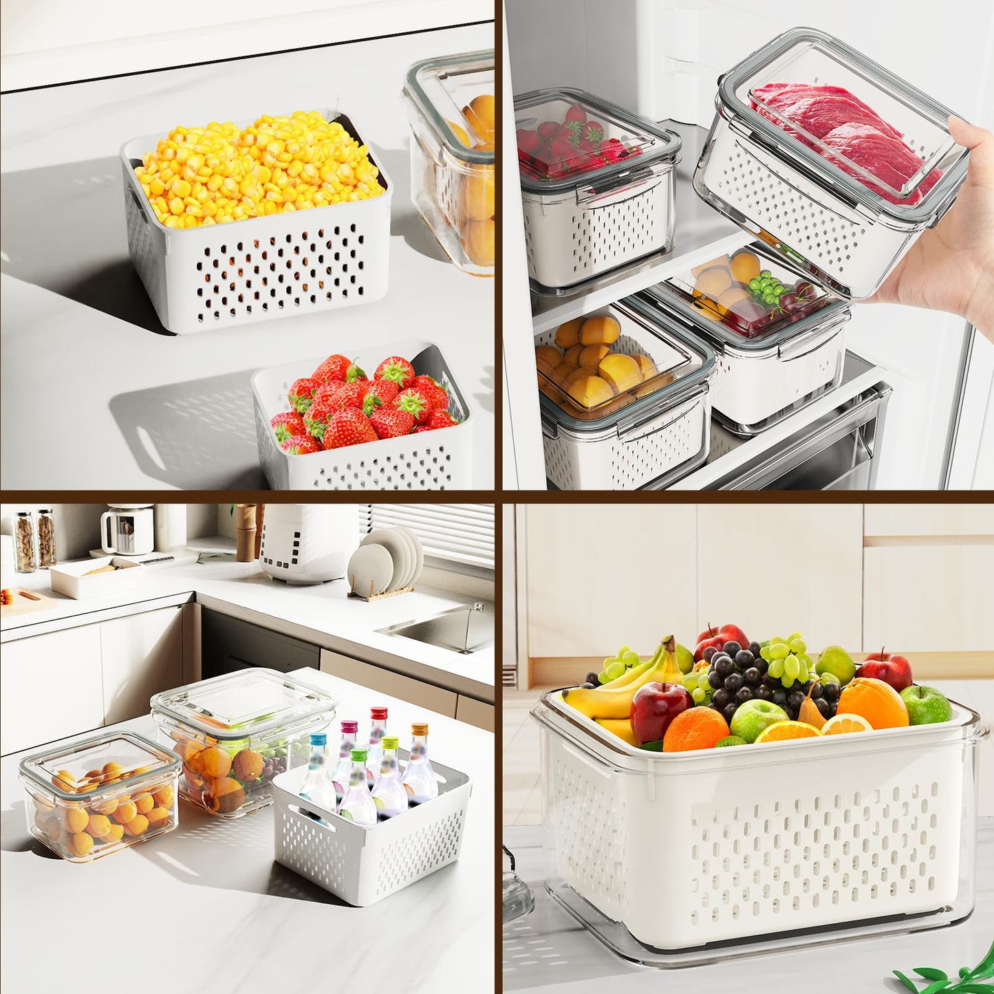 8 Pcs Fruit Storage Containers For Fridge with Removable Colander, Airtight Food Containers, Keep Fruits, Vegetables, Berries, and Meats Fresh Longer, Dishwasher and Microwave Safe (8 Pack)