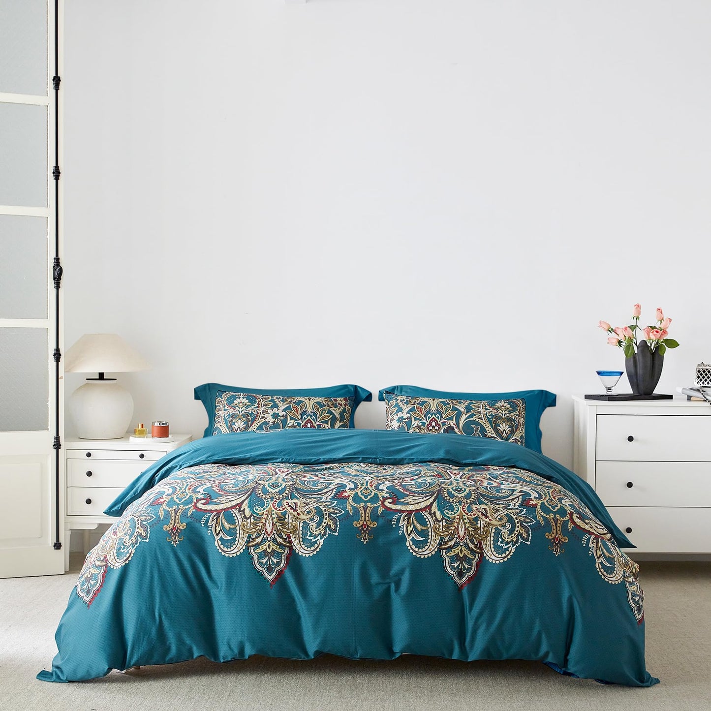 SUSYBAO Teal Paisley Duvet Cover Queen 100% Egyptian Cotton 3 Pieces Set 1 Boho Damask Duvet Cover with Zipper Ties 2 Pillowcases Farmhouse Soft Turquoise Botanical Bedding Set Breathable