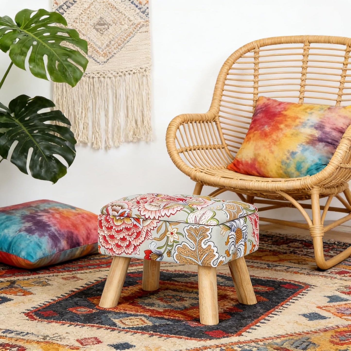 Square Ottoman with Storage Versatile Foot Stool Ottoman Boho Foot Rest with Wood Legs Small Footstools and Ottomans for Living Room and Entryway