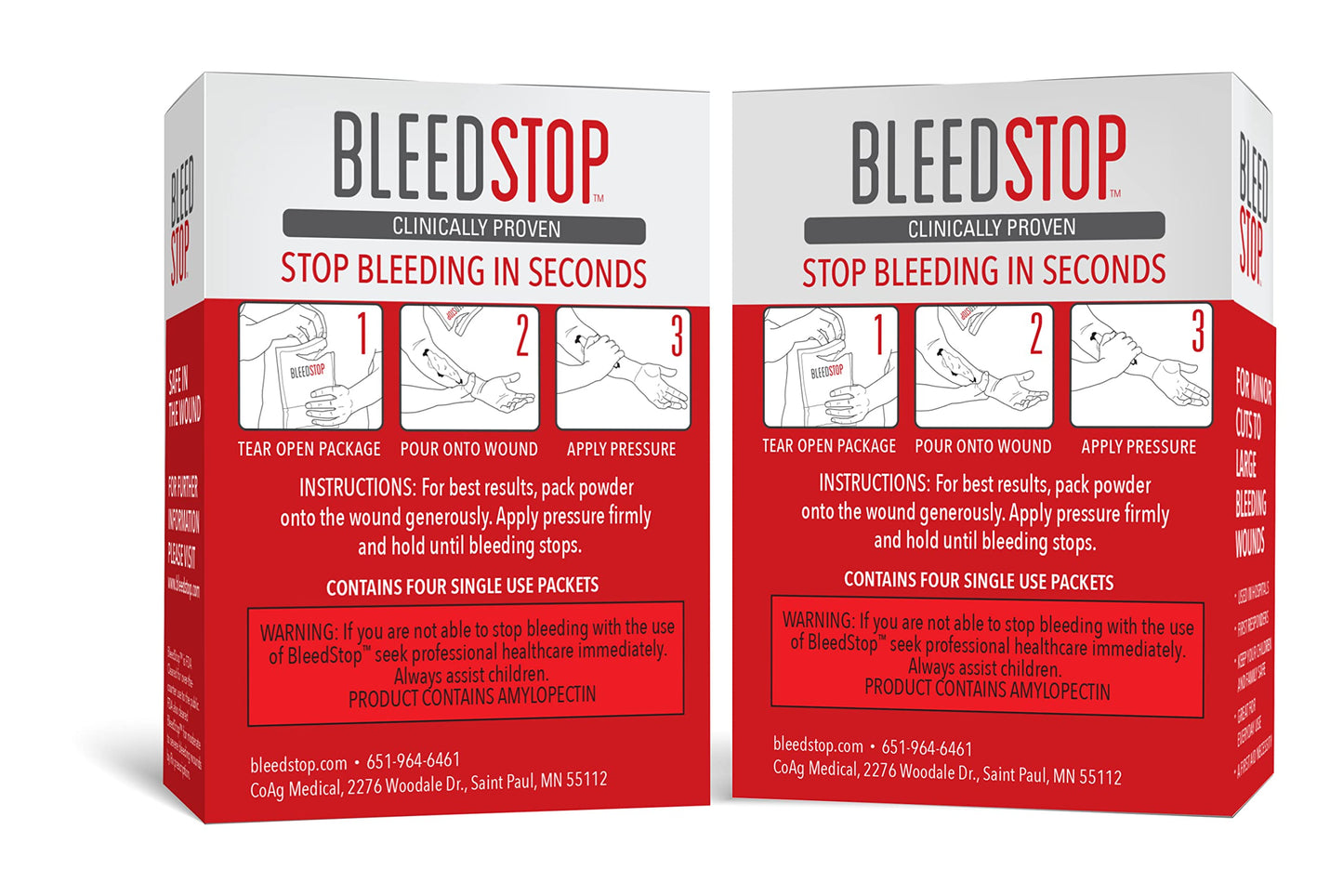 BleedStop First Aid Powder for Blood Clotting, Trauma Kit, Blood Thinner Patients, Camping Safety, and Survival Equipment for Moderate to Severe Bleeding Wounds or Nosebleeds (Double 4 Pack 15g)
