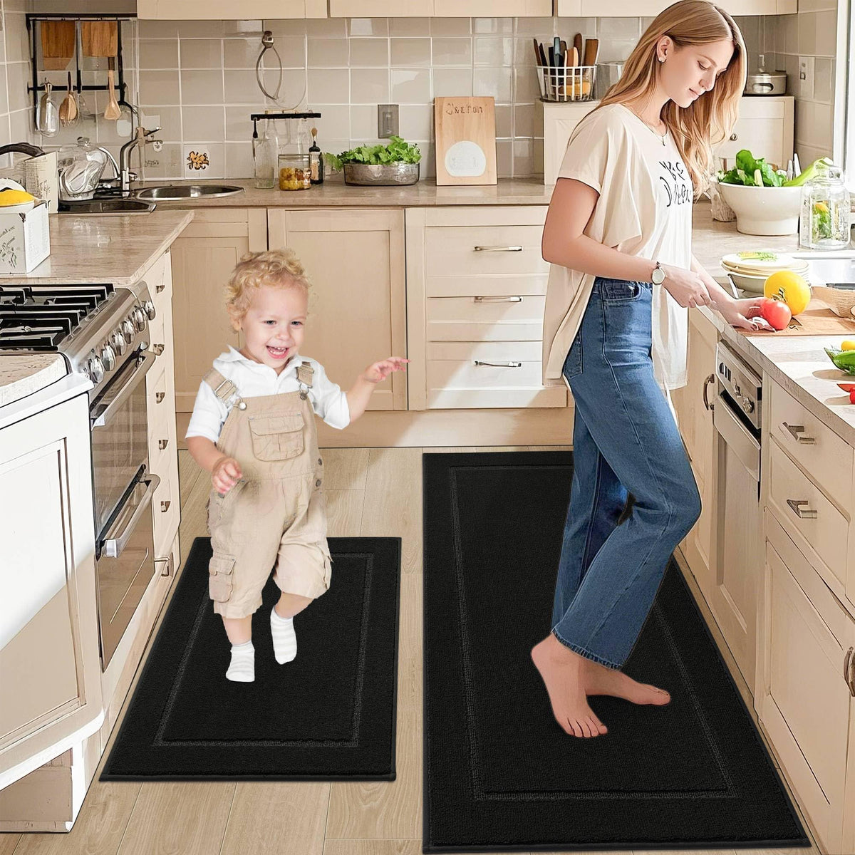 JSEI Non-Slip Kitchen Mats, Self Adhesive No Sliding Kitchen Rugs Set of 2, Washable Absorbent Floor Mat for Kitchen, Bathroom, Laundry Room, Bedroom, 24"x36"+24"x60" Black, Rectangular Pattern